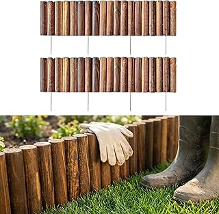 LaLaGreen Wooden Fence Panel (30"x8", 2 Pack) Brown Wood Decorative Flower Bed Landscape Fencing with Metal Stakes, Garden Edging Border for Lawn Yard Patio Pathway Tree Rings Barrier Outdoor Decor