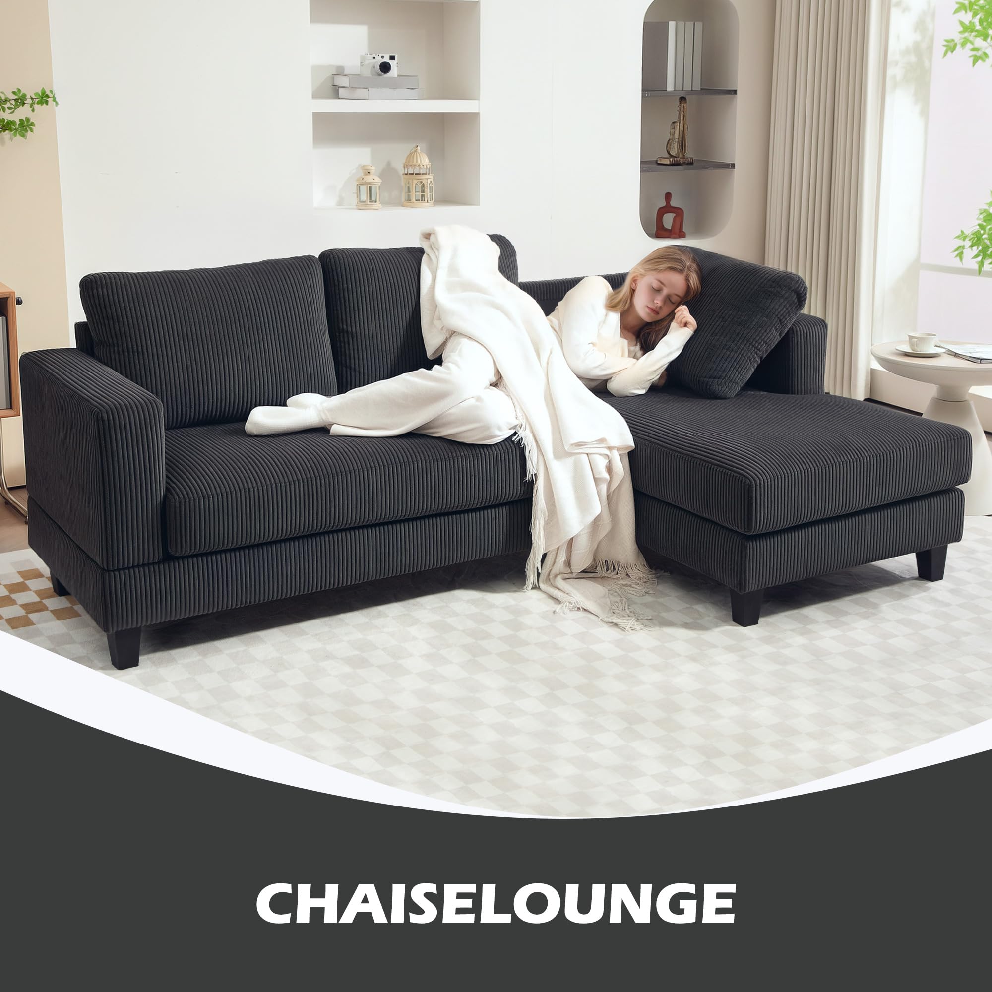 HOMCOM Ecksofa Couch mit Chaiselongue L Form 214 x 134 x 87 cm Dunkelgrau | 3 Sitzer Sofa, Gepolsterte Eckcouch mit Cord-Optik, Hochdichtem Schaumstoff, bis 400 kg, für Wohnzimmer, Schlafzimmer