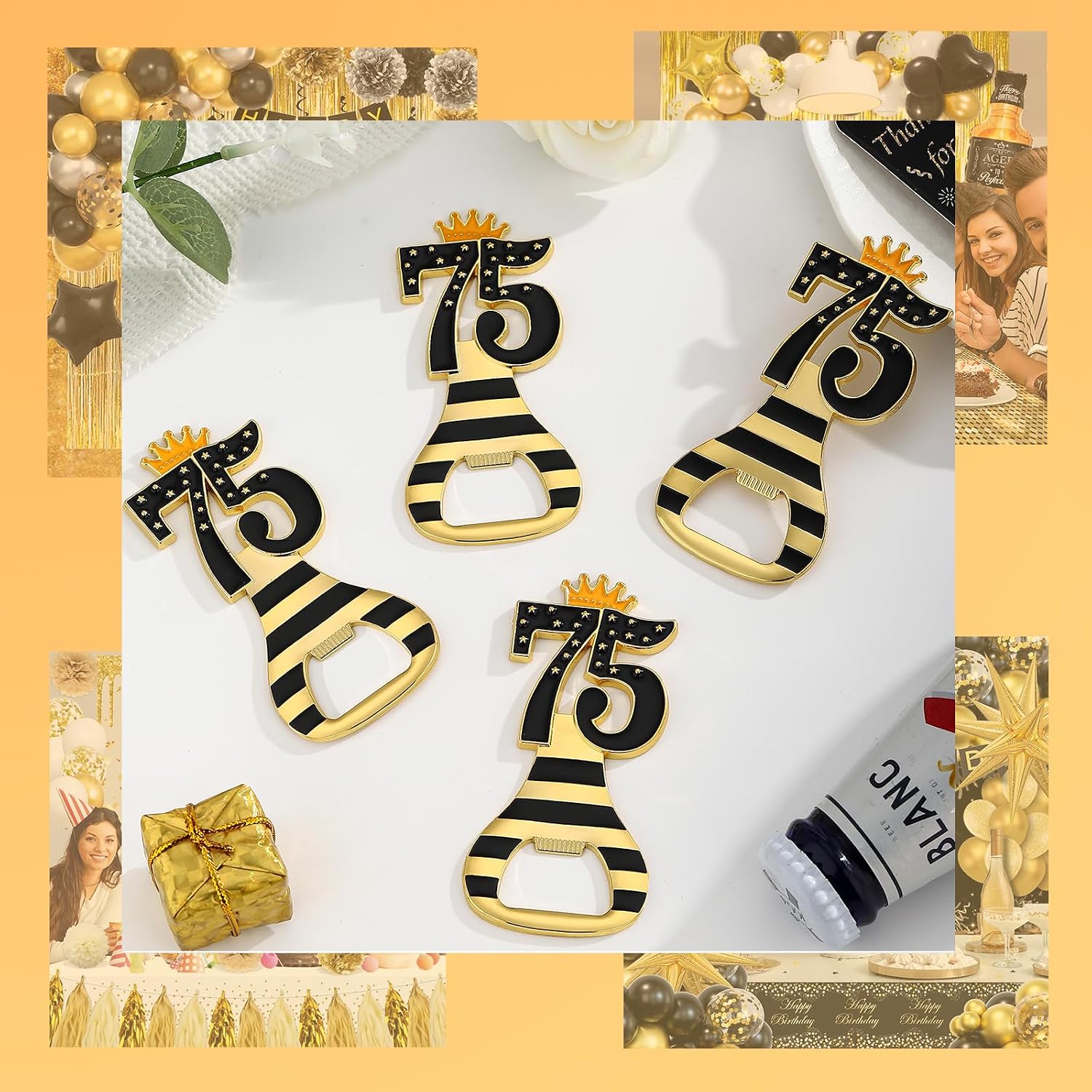 24pcs 75th Gold Keychain Bottle Opener 75th Birthday Party Favors, 75 Keychain Beer Bottle Opener Favors Anniversary Souvenirs Return Gifts for Guests Party Decor Supplies (black 75)