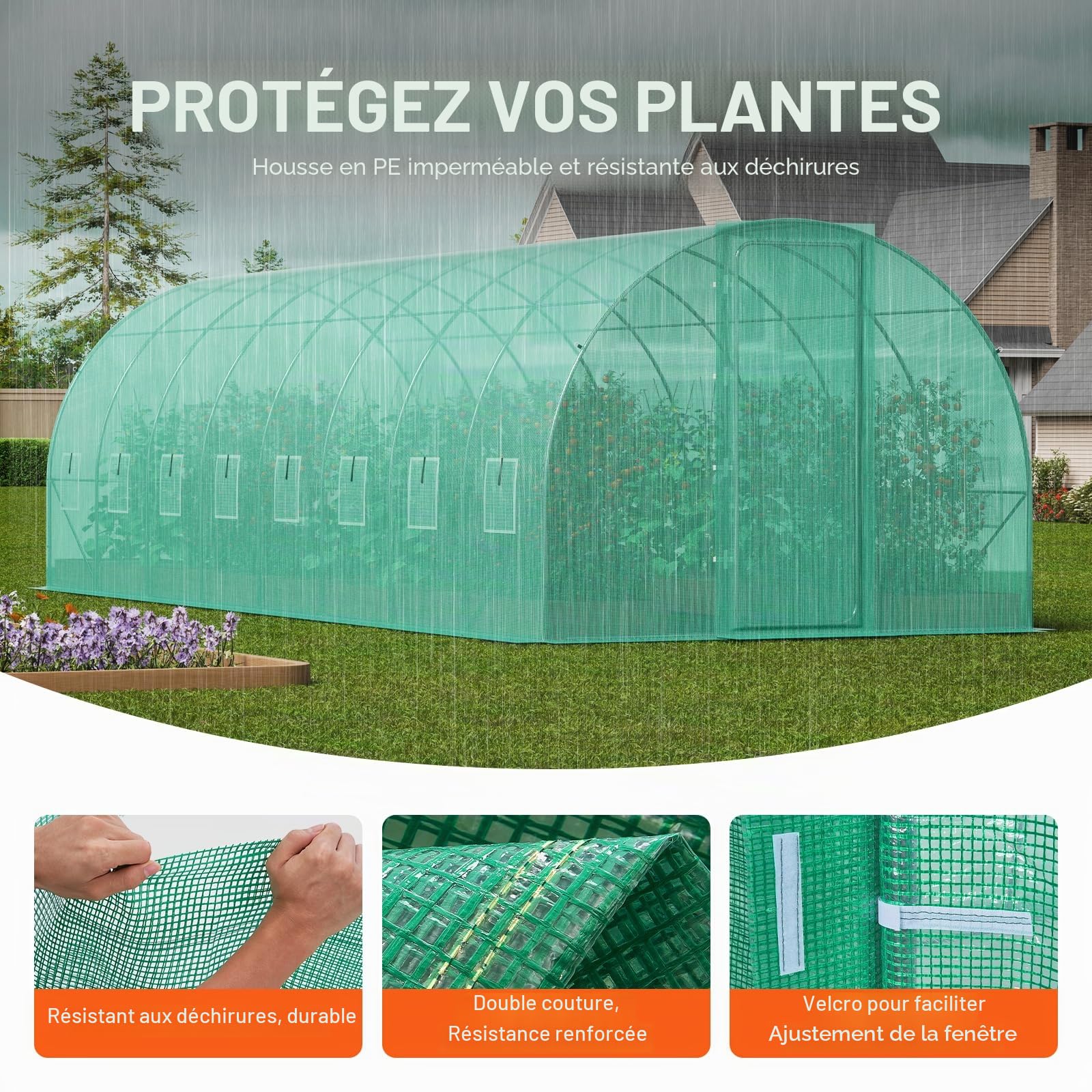 VEVOR Serre Tunnel Jardin, 835x290x225 cm, Tente Abri Plantes avec Cadre en Acier Galvanisé, Couverture en PE Verte, Porte à Glissière Enroulable, 16 Fenêtres, pour Extérieur Cultiver Légumes Fleurs