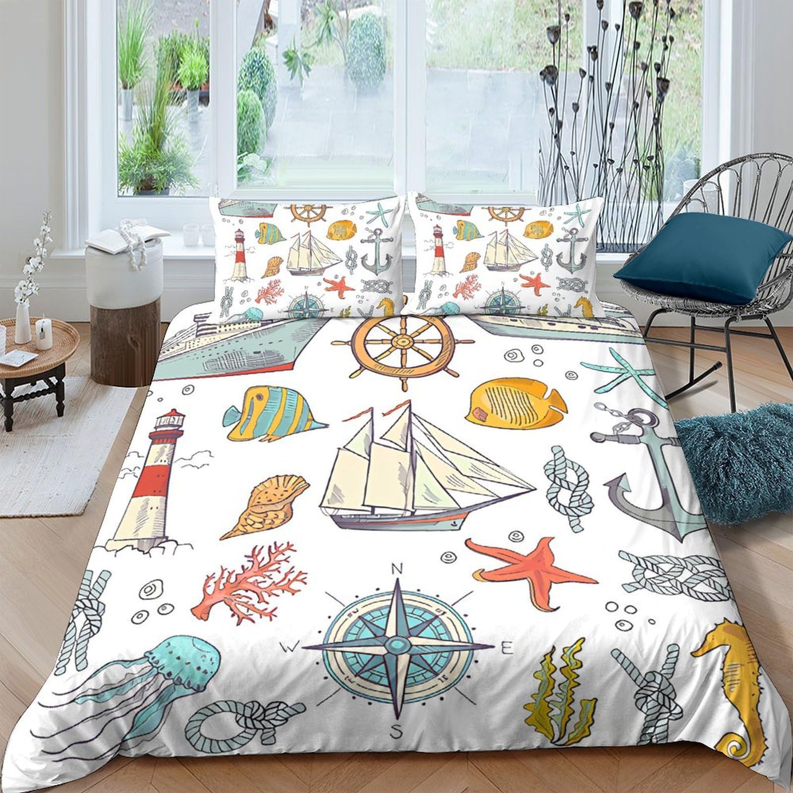 Ctjqhvkz Style-6 3D Printed Nautical Ocean Fitted Sheet Microfiber Soft Breathable Marine Compass Bed Sheet For Bedroom Guest Room Decor Single（135X200cm）