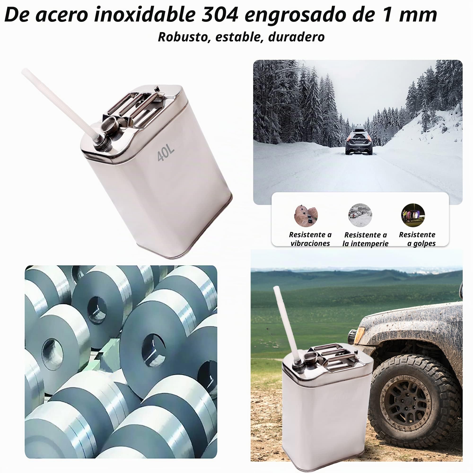 Bidón de gasolina, depósito de combustible, 40 l, metal de acero inoxidable 304 engrosado con boquilla incorporada, bidón de 40 litros para gasolina, diésel, aceite y agua