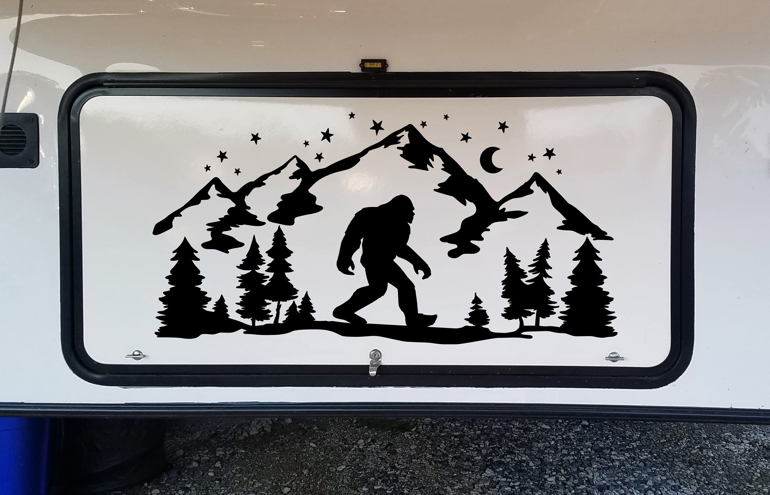 Bigfoot Mountain Moon Stars Scene Vinyl Decal V5 - Sasquatch RV Camper Graphics - Die Cut Sticker