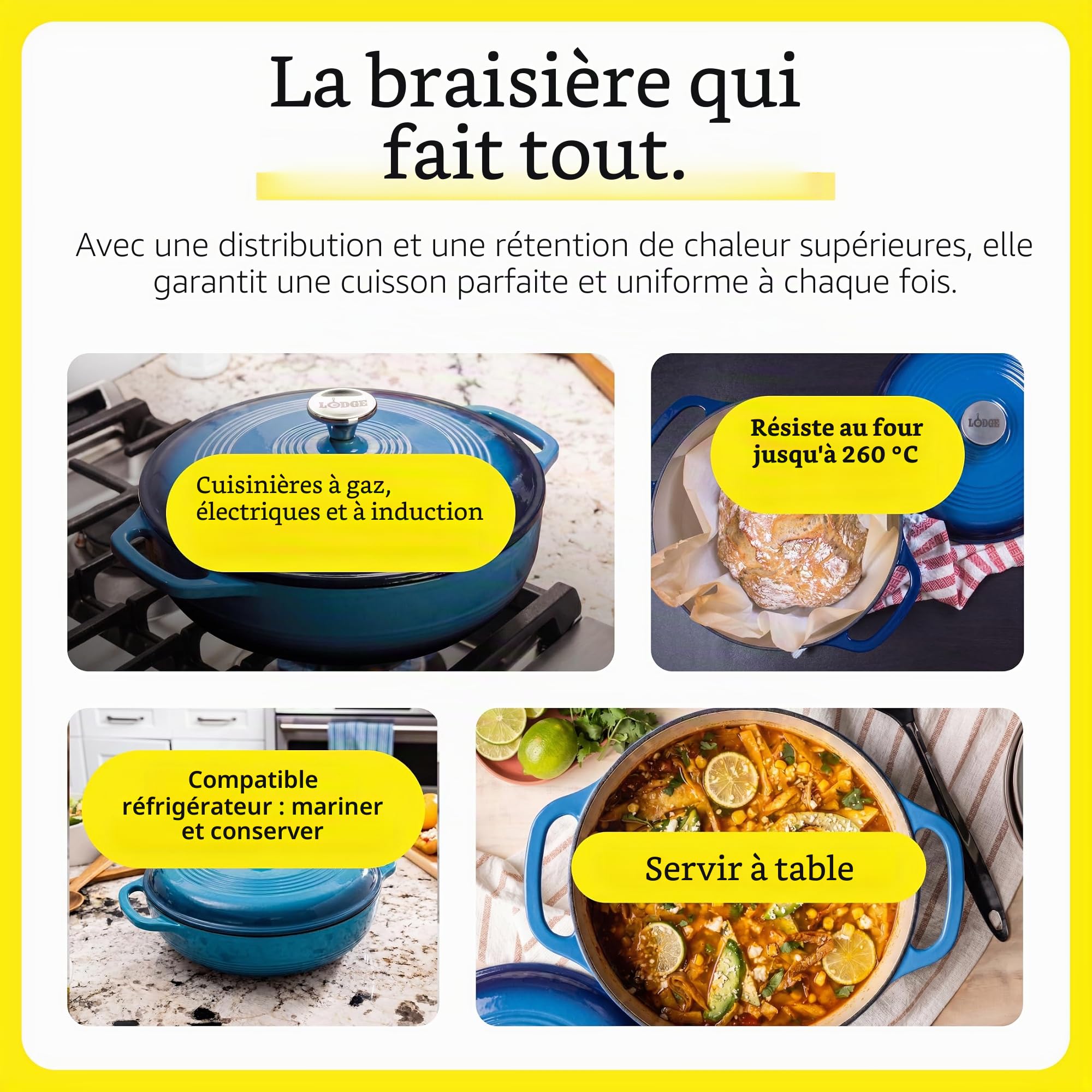 Lodge 3.41 Litre/3,6 L en Fonte/Cocotte en Porcelaine en émail, Bleu