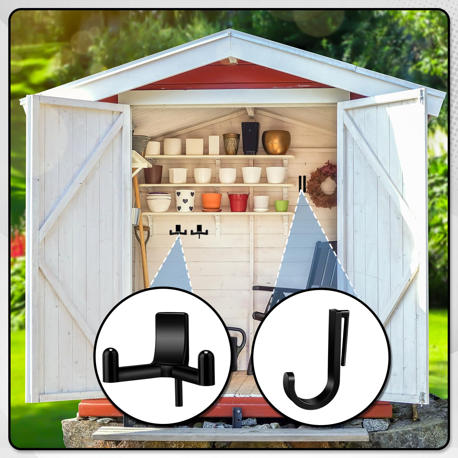 Lot de 16 crochets de rangement J/V pour abri de jardin - Accessoires pour suspendre des étagères de garage - Accessoires de rangement, vis, supports et crochets de rechange (noir)
