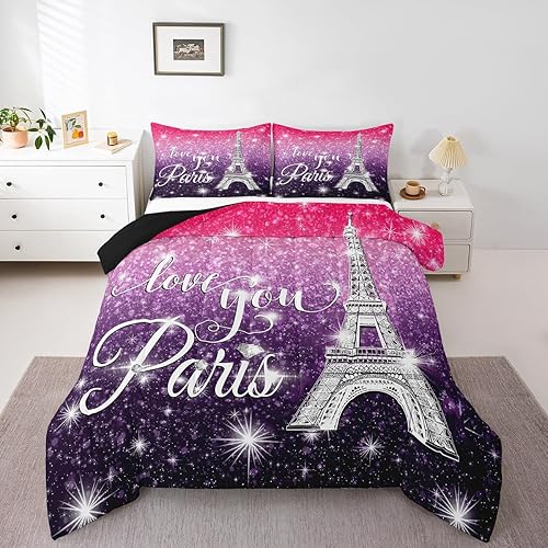 Juego de edredón de París tamaño Queen para niños, Torre Eiffel, edredón brillante con cielo estrellado y galaxia para niños, niñas, adolescentes,