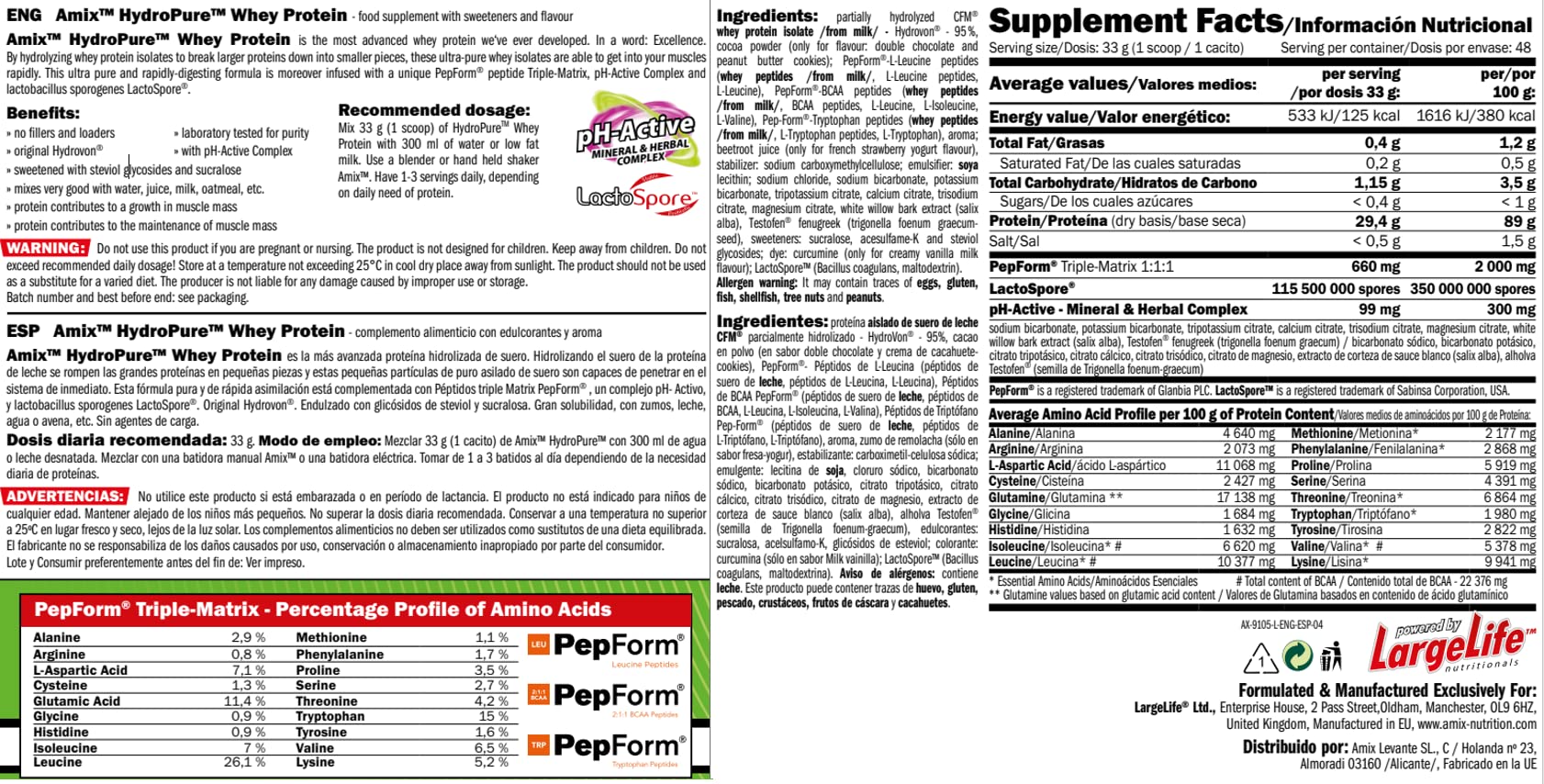 Amix - Hydropure Whey CFM - Suplemento Alimenticio - Mejora del Rendimiento - Contiene Aminoácidos Bcaa - Glutamina en Polvo - Nutrición Deportiva - Sabor a Fresa - Bote de 1,6 Kg