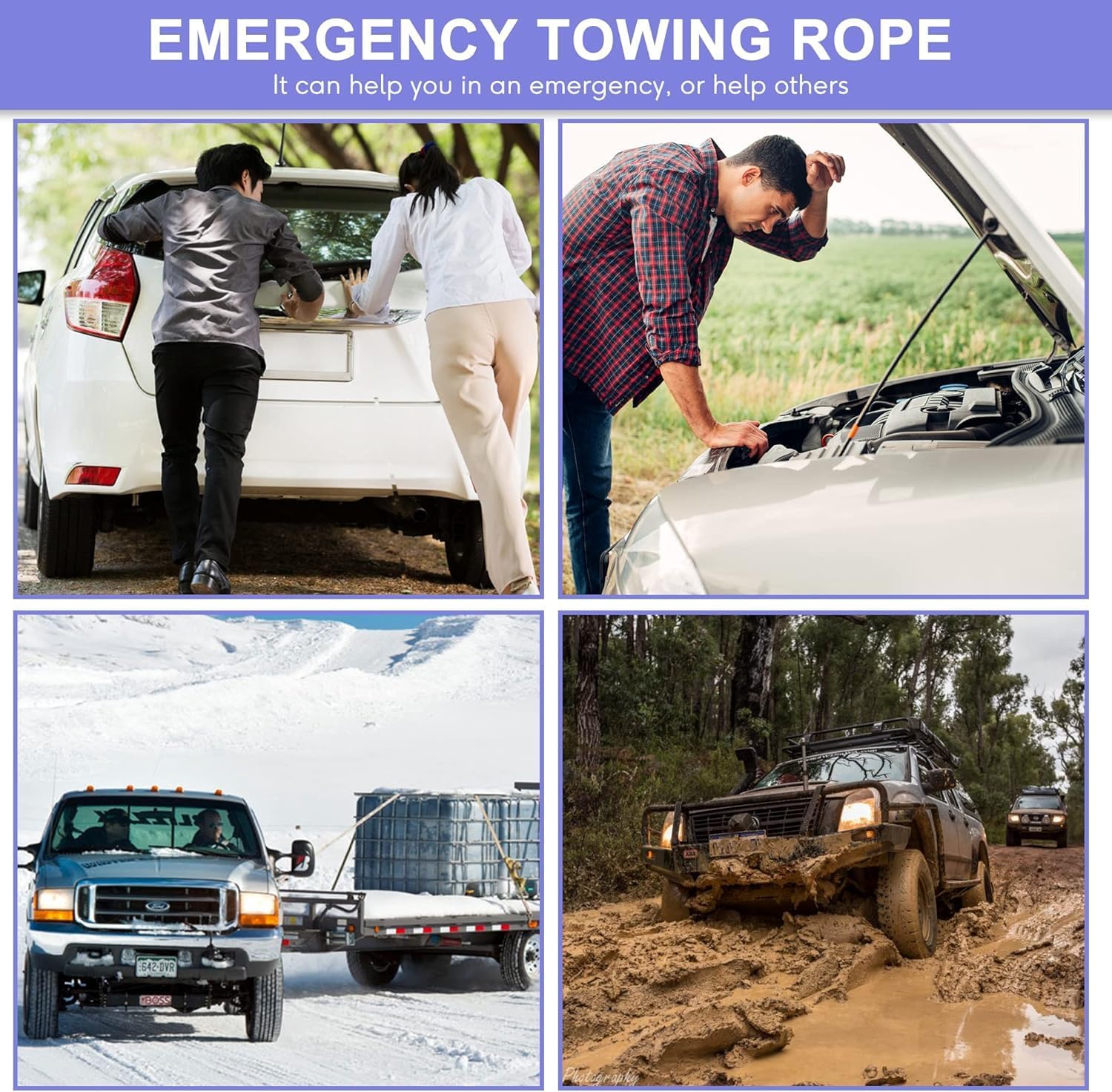 Nylon Tow Strap with Hooks, 2Inch x 13Ft Recovery Rope 10,000LB Heavy Duty Towing Rope for Towing Vehicles in Roadside Emergency,Truck Boat,Roadside Emergency Car Kit,Blue (4PACK)