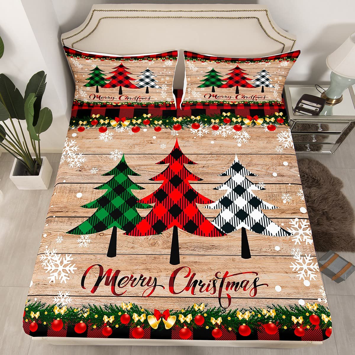 Manfei Plaid Tree Fitted Sheet Single Size, Wooden Stripe Print Bedding Set 2pcs for Kids Boys Girls Bedroom Decor, Christmas Theme New Year Bed Cover with 1 Pillowcase