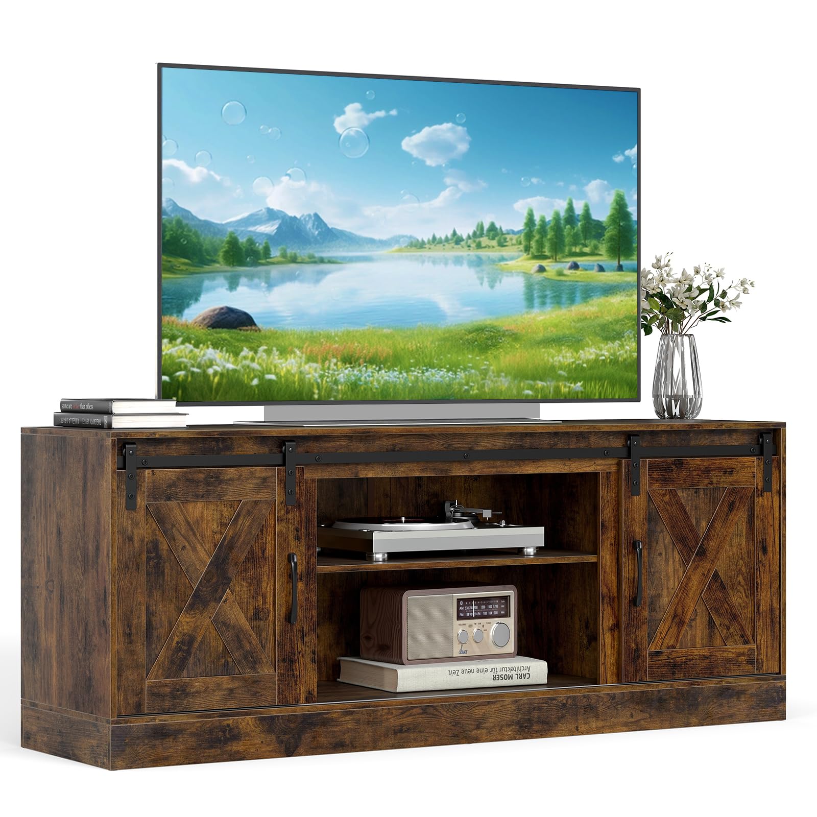 KOMFOTTEU Mobile Porta TV da 70 Pollici, Mobiletto Soggiorno con Ante Scorrevoli e Ripiani Regolabili, Dispositivo Antiribaltamento, Mobile TV da Camera da Letto, 150 x 39 x 60 cm, Marrone Vintage