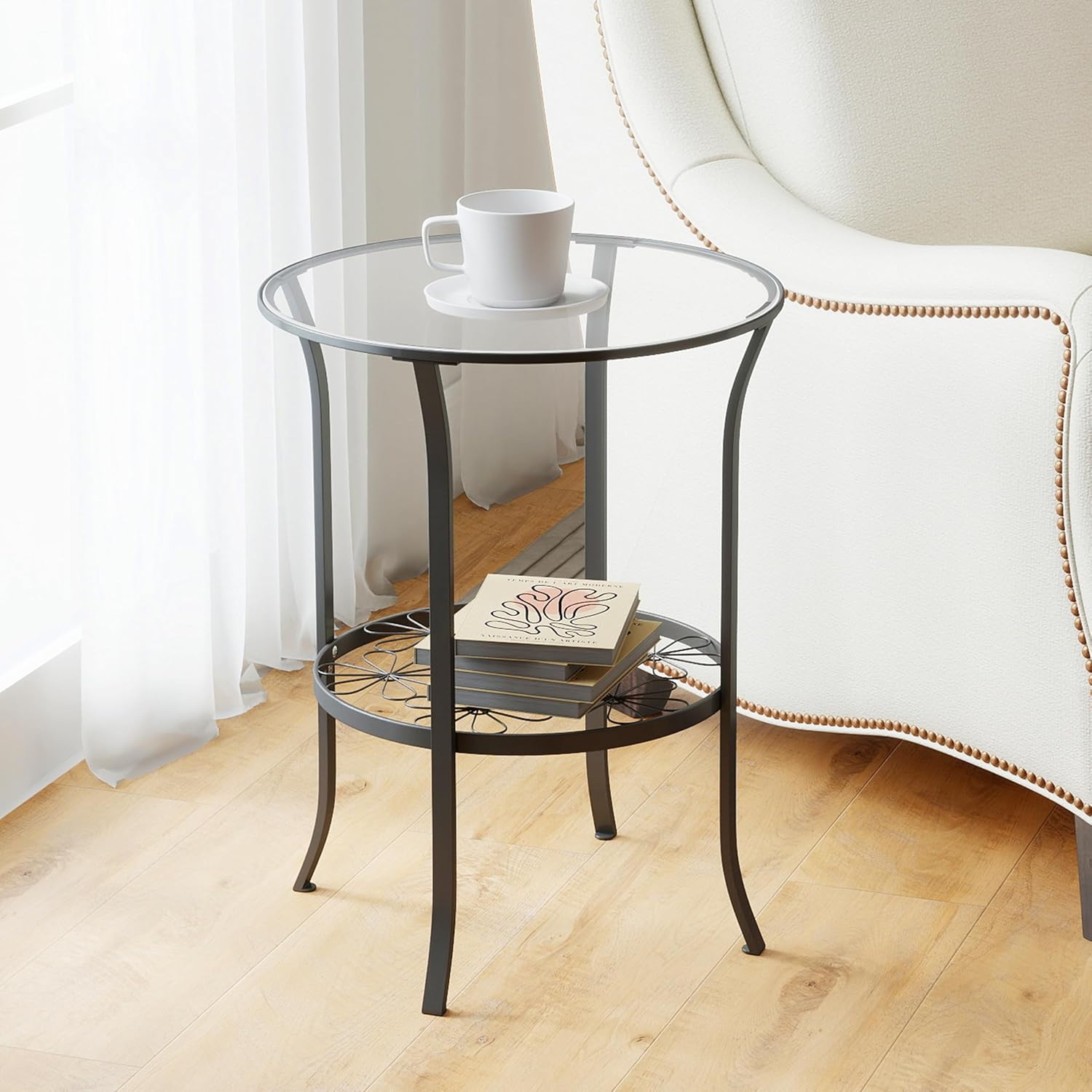 DDK 2-Tier Round Side Table with Tempered Glass Top & Decorative Floral Metal Shelf, Outdoor End Table for Patio Balcony, Indoor Accent Table for Living Room Bedroom