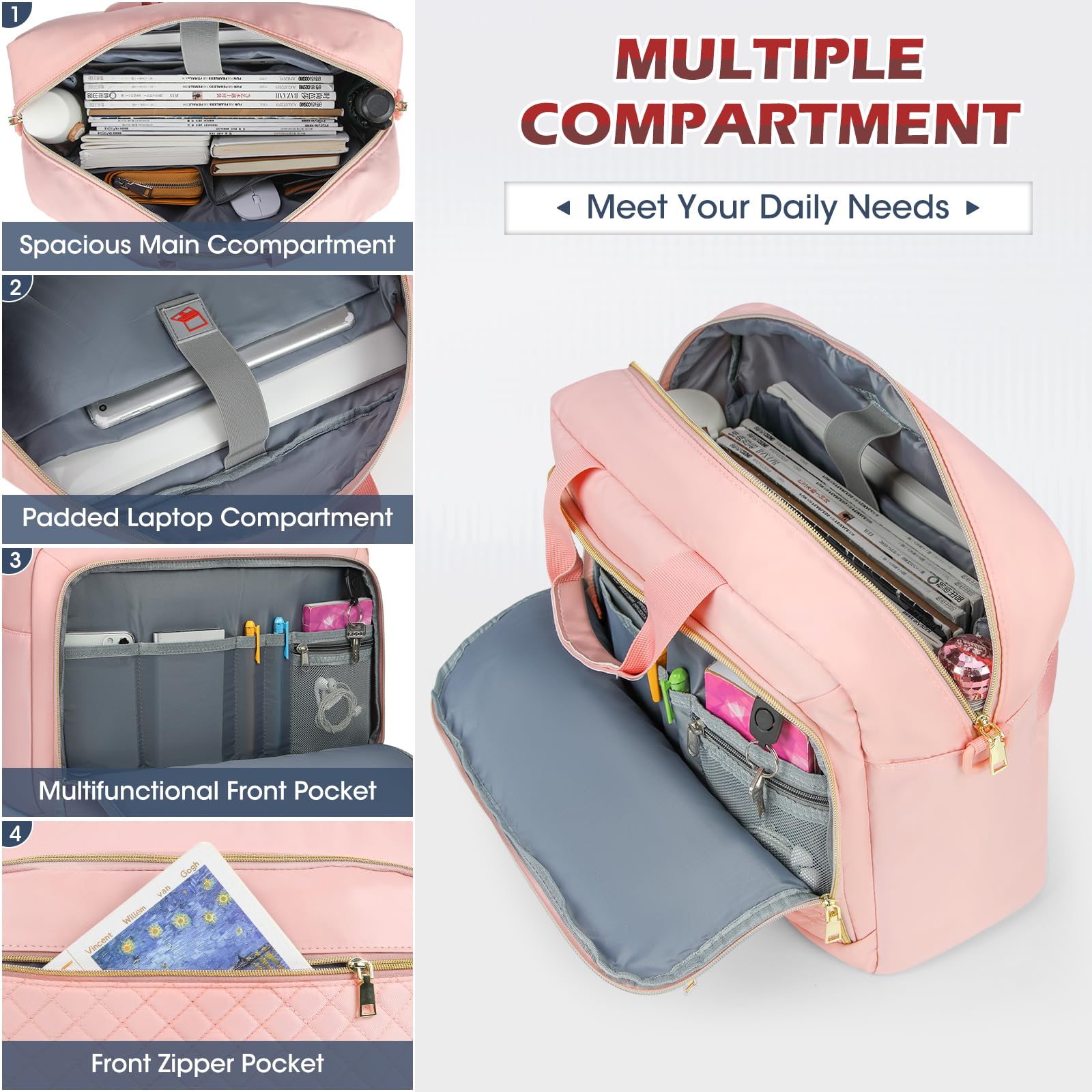 NEWHEY Borsa per computer portatile da 17,3 pollici valigetta per computer da donna grande borsa per computer | Borsa a tracolla impermeabile con tasche multiple e tracolla imbottita, per ufficio, lavoro, università, rosa