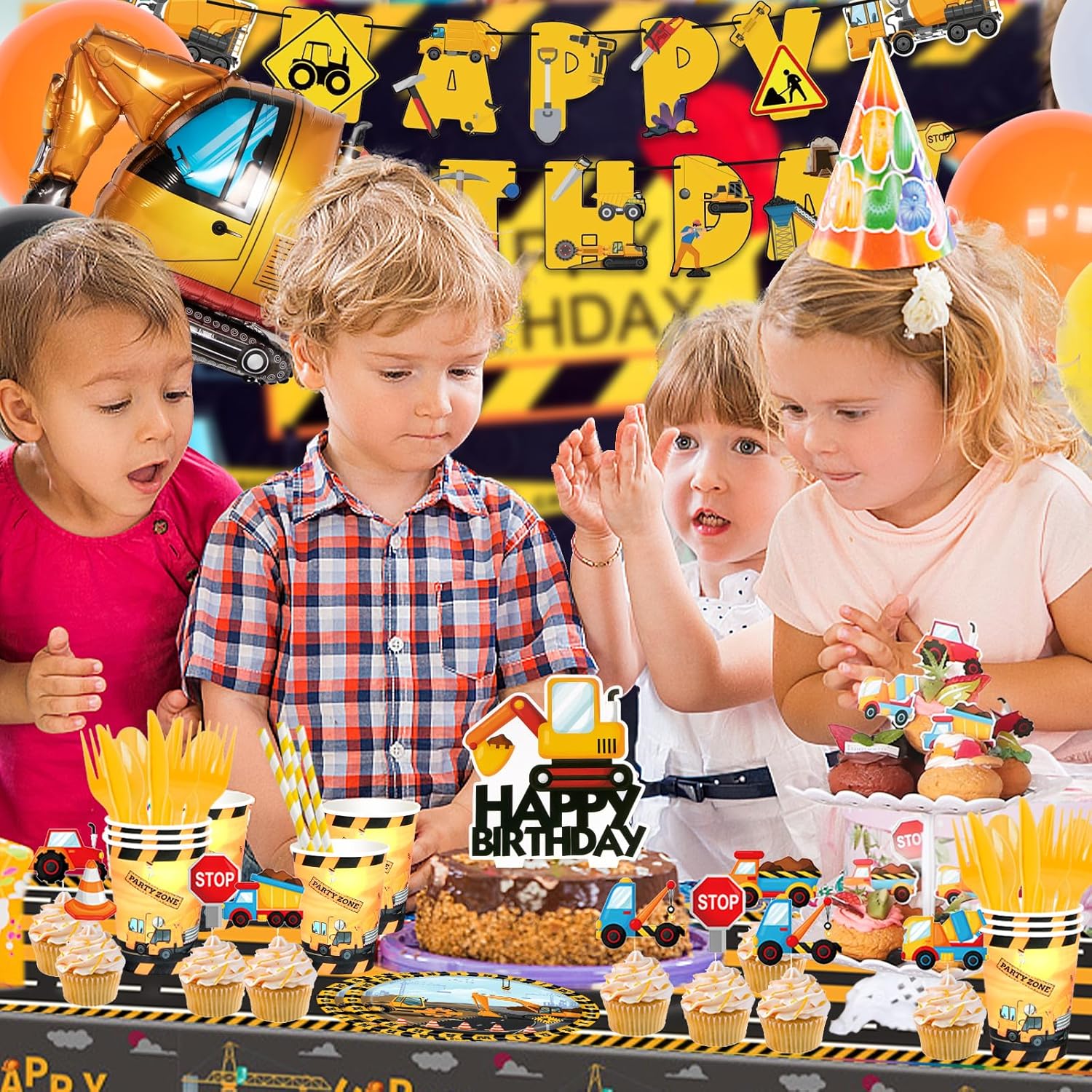 175 PCS Construction Birthday Party Supplies, Construction Party Decorations, Dump Truck Party Decorations Includes Balloons, Backdrop, Banner, Tablecloth, Plates, Napkins, Cake Toppers
