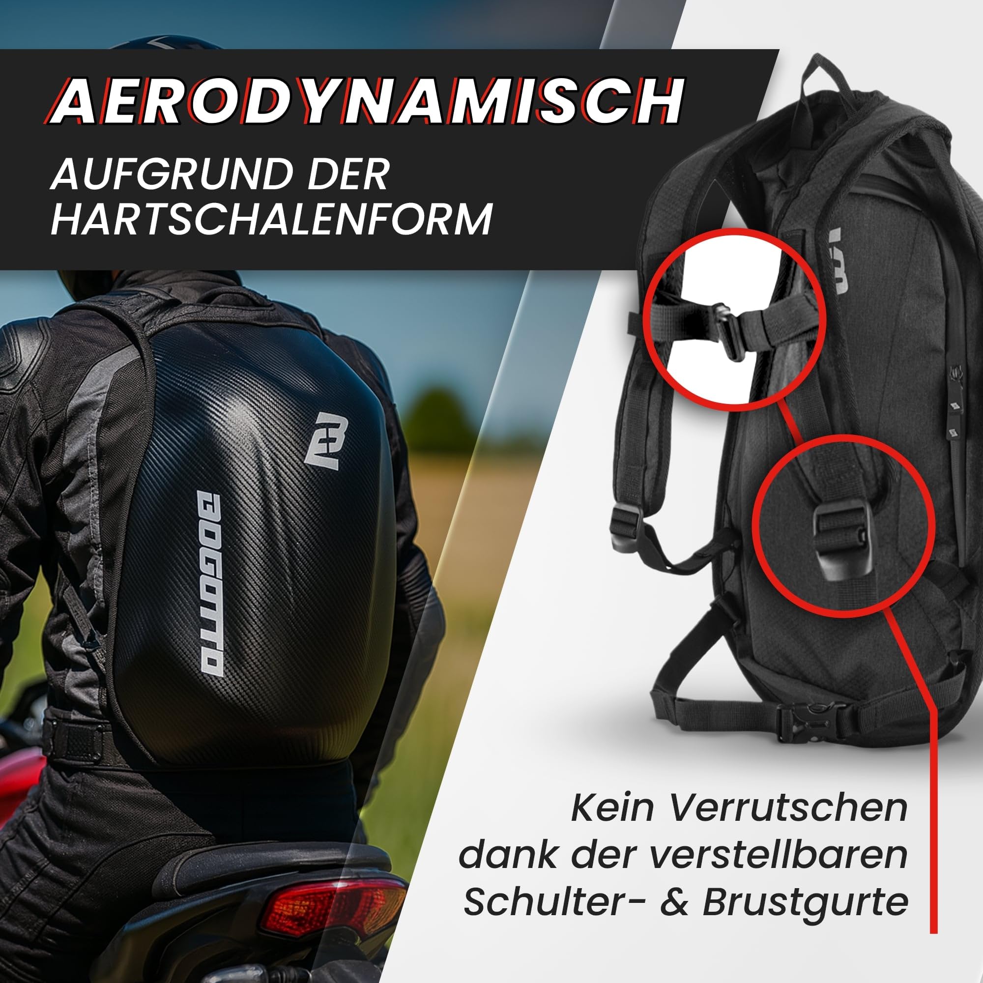 Bogotto Hump Race Carbon Look Motorrad Rucksack mit Hartschalenkonstruktion, Laptopfach 15 Zoll, 24 Liter, Schwarz