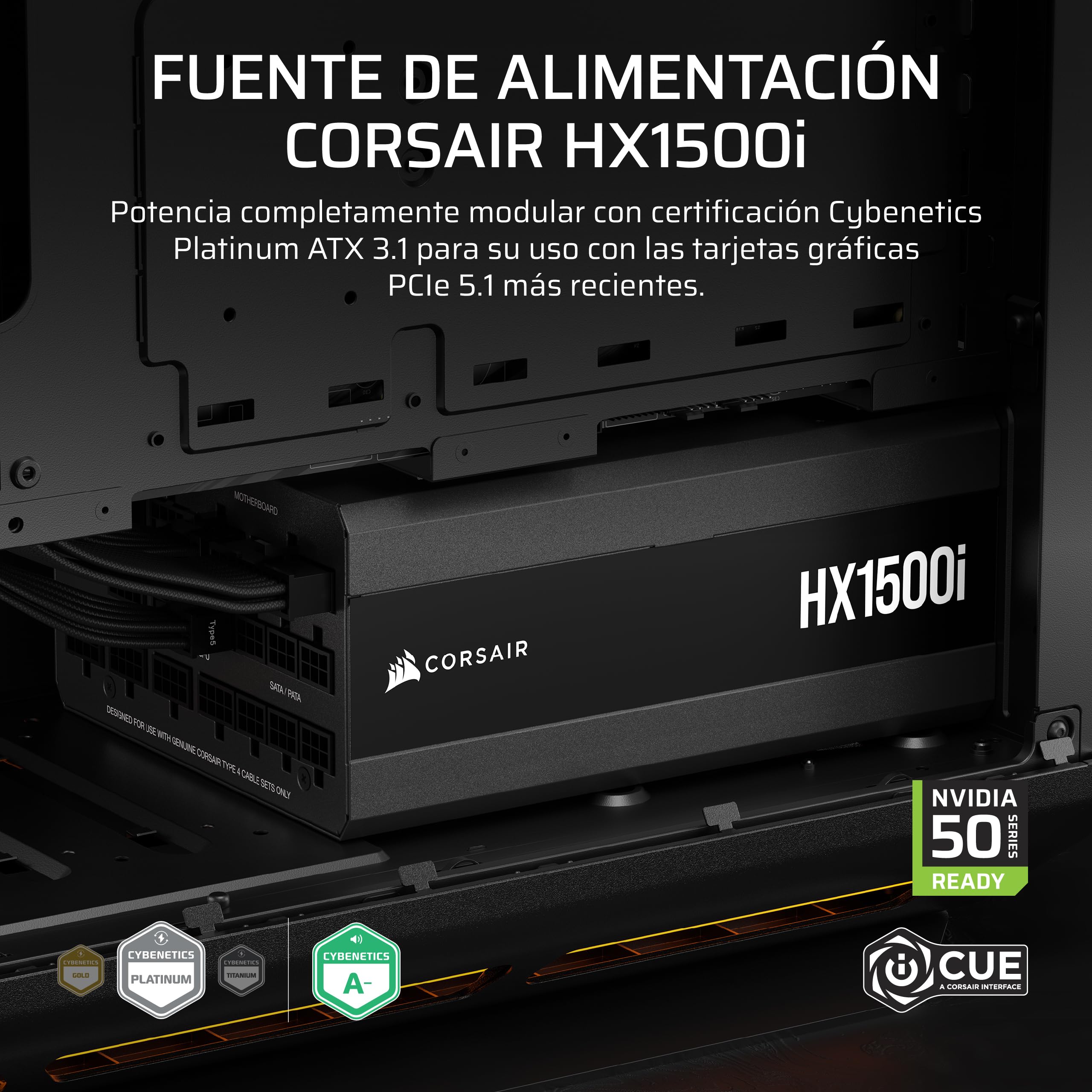 CORSAIR HX1500i (2025) Fuente de Alimentación ATX Silenciosa Totalmente Modular con Cable 12V-2x6 – Compatible con ATX 3.1 y PCIe 5.1, Eficiencia Cybenetics Platinum – Negro