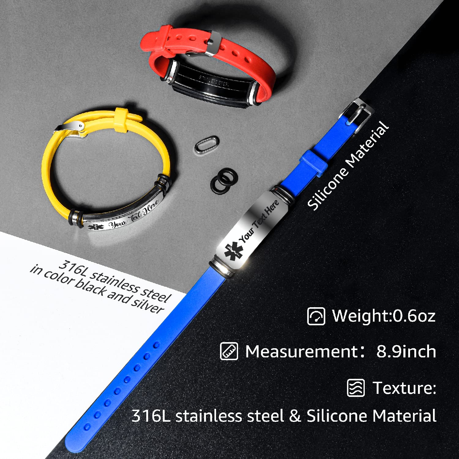 Caramel Sweet Life Medical Alert Bracelets for Men, Personalized Medical Bracelets for Women with Adjustable Silicone Wristband in Color Black, Red, Pink, Blue