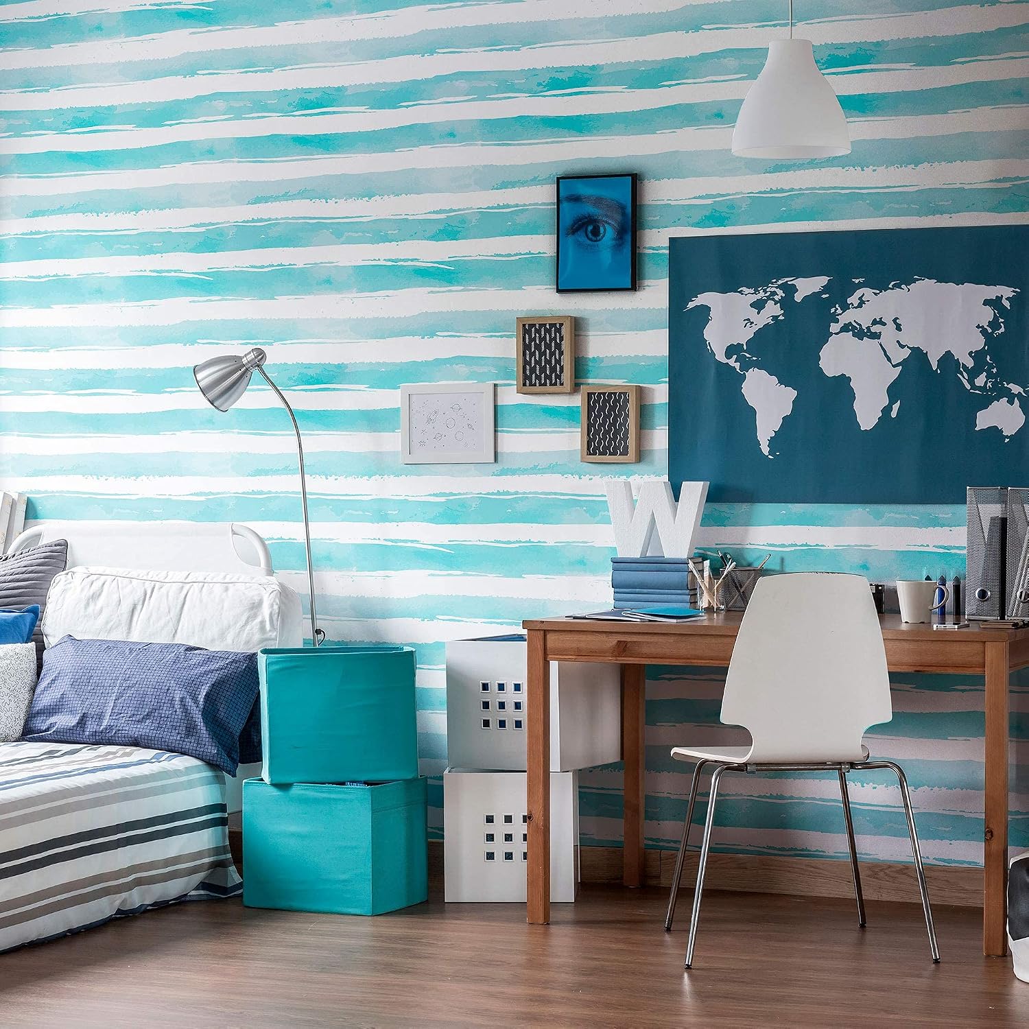 Walls By Me Peel and Stick Blue and White Striped Removable Wallpaper 0010-2ft x 4ft (61x122cm)