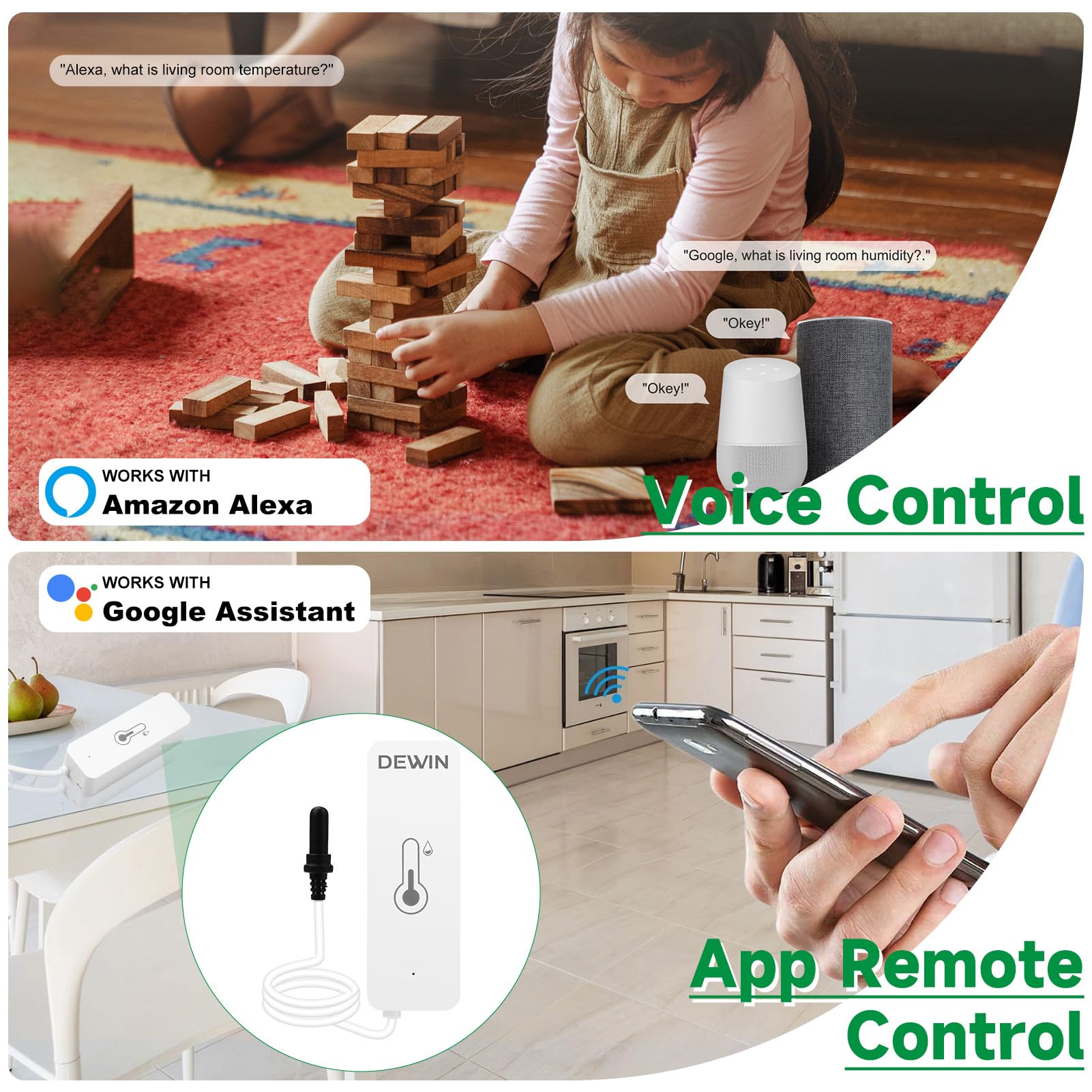 DEWIN WLAN inteligentny termometr i hygrometr, czujnik temperatury i wilgotności T01 z 1m wsparciem sondy inteligentne monitorowanie zdalne APP alarm i rejestrowanie danych