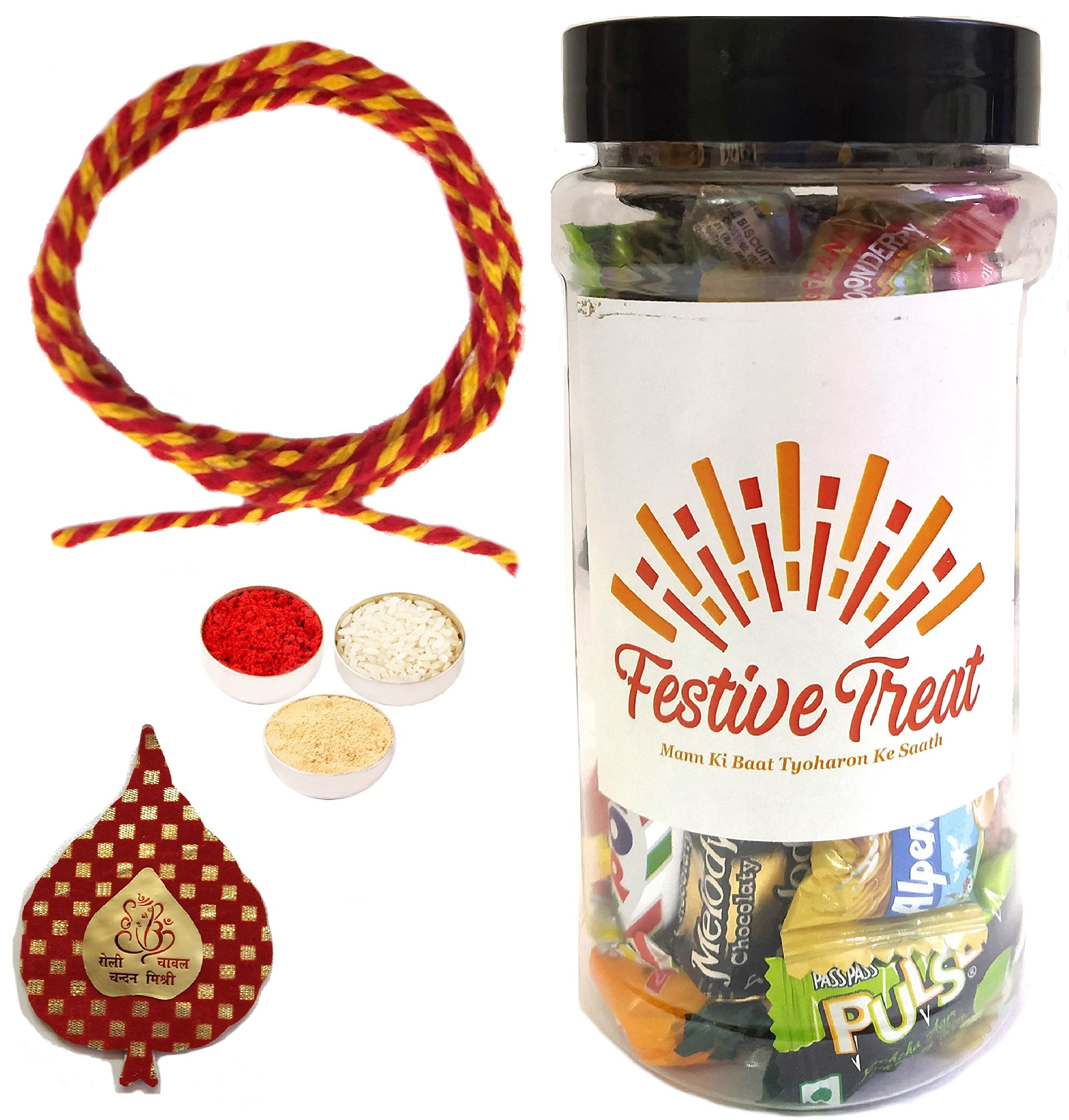 Bhai Dooj Tikka for Kids with Moli Dhaga, Roli Chandan Chawal Misri Pack, Festive Treat Candy Jar Gift, Personal Message for Chota Bhaiya Brother-image-46