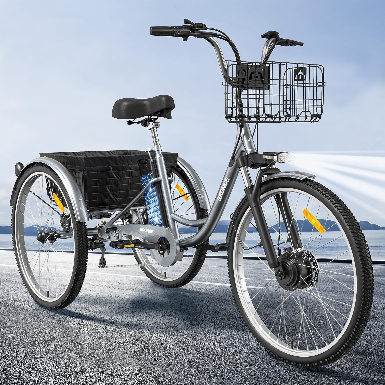 26" Electric Tricycle, 50 Miles Range, 7 Speed Electric Tricycle, 750W 36V 15AH Electric Trike with Large Basket for Adult