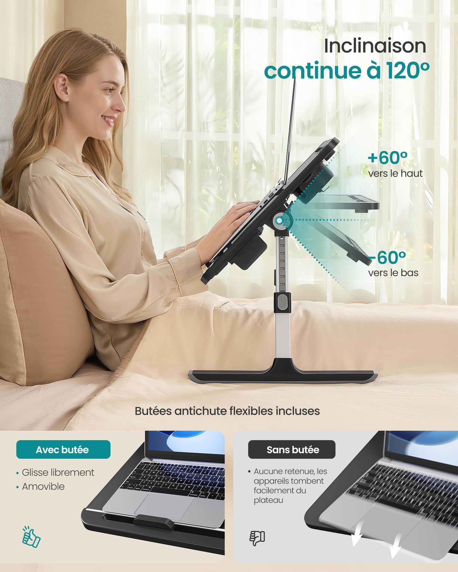 SONGMICS Table de Lit Pliable Plateau 56 x 40 cm Hauteur Réglable Inclinaison 120° Noir d’Encre