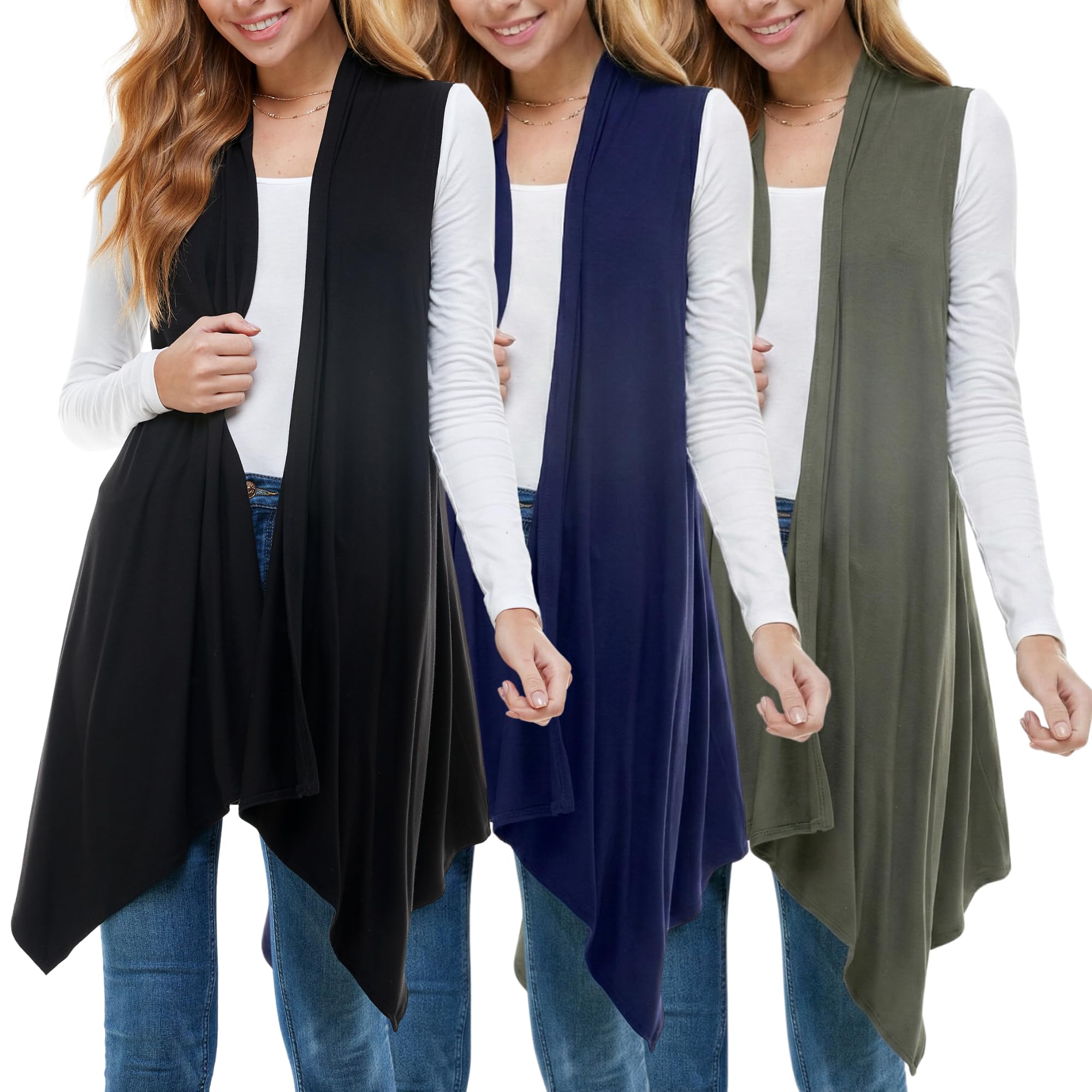 Azules Sleeveless Cardigan for Women, Soft Lightweight Duster Open Front Sleeveless Long Cardigan Vest (3 Pack)