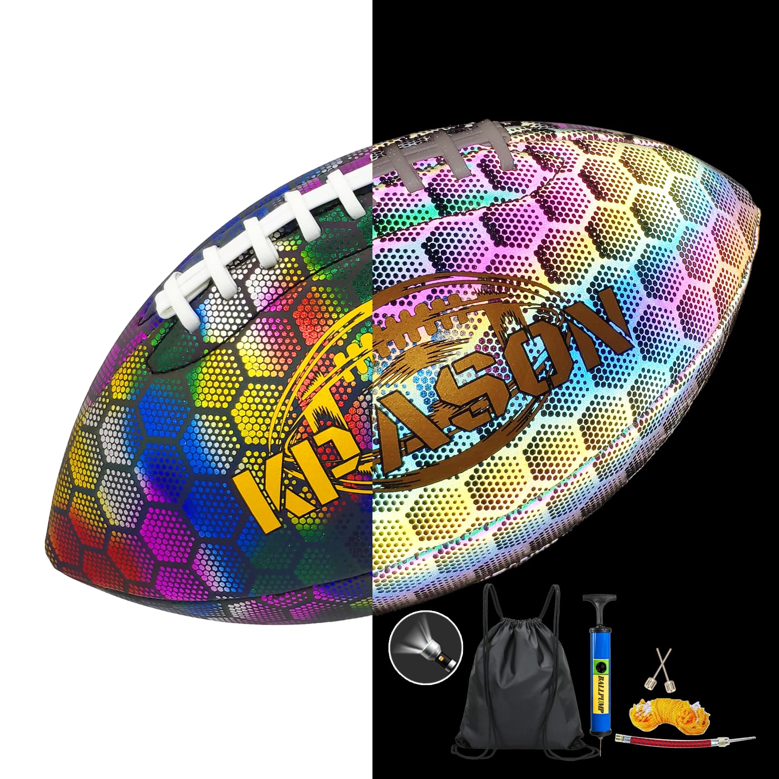 KPASON Football Holographic Bright Football Ball Peewee Size 3 / Youth Size 6/ Official Size 9, Reflective Glowing Composite Leather Footballs for