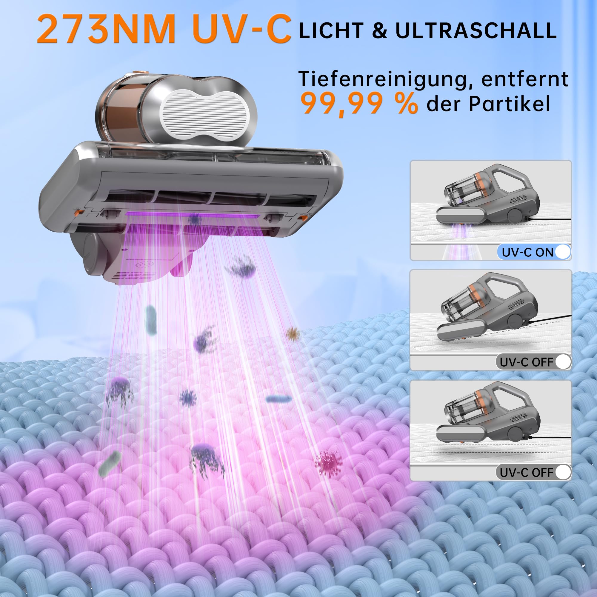 Milbensauger für Matratzen 16Kpa UV-Licht Hochleistungs-Staubsauger 99,9% Milbenentfernung