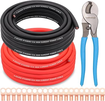 AWG 4 Gauge Wire Kit,Battery Cable,CCA Copper Clad Aluminum 50FT Black/Red with 4ga lugs,10-in Cable Cutter and Heat Shrink Tube for Power/Ground,Car Audio Speaker,Amp Wiring kit