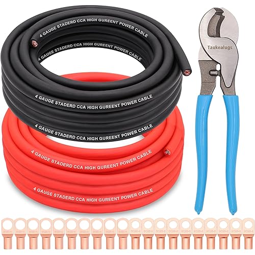 AWG 4 Gauge Wire Kit,Battery Cable,CCA Copper Clad Aluminum 50FT Black/Red with 4ga lugs,10-in Cable Cutter and Heat Shrink Tube for Power/Ground,Car Audio Speaker,Amp Wiring kit