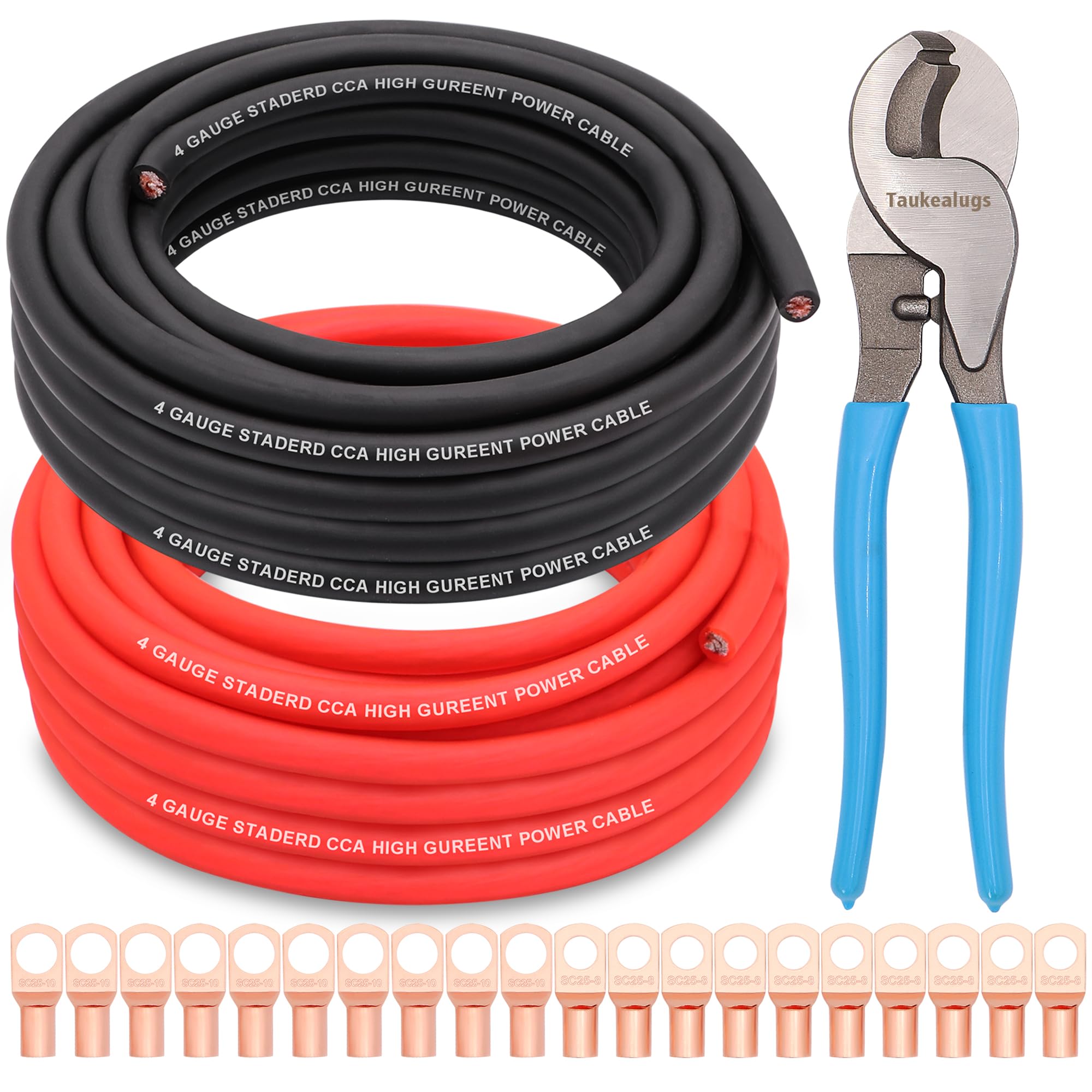 Taukealugs AWG 4 Gauge Wire Copper Clad Aluminum CCA 50FT Black/Red with 4ga lugs,10-in Cable Cutter and Heat Shrink Tube - Battery Power/Ground Cable,Car Audio Speaker,RV Trailer Amp Wiring kit