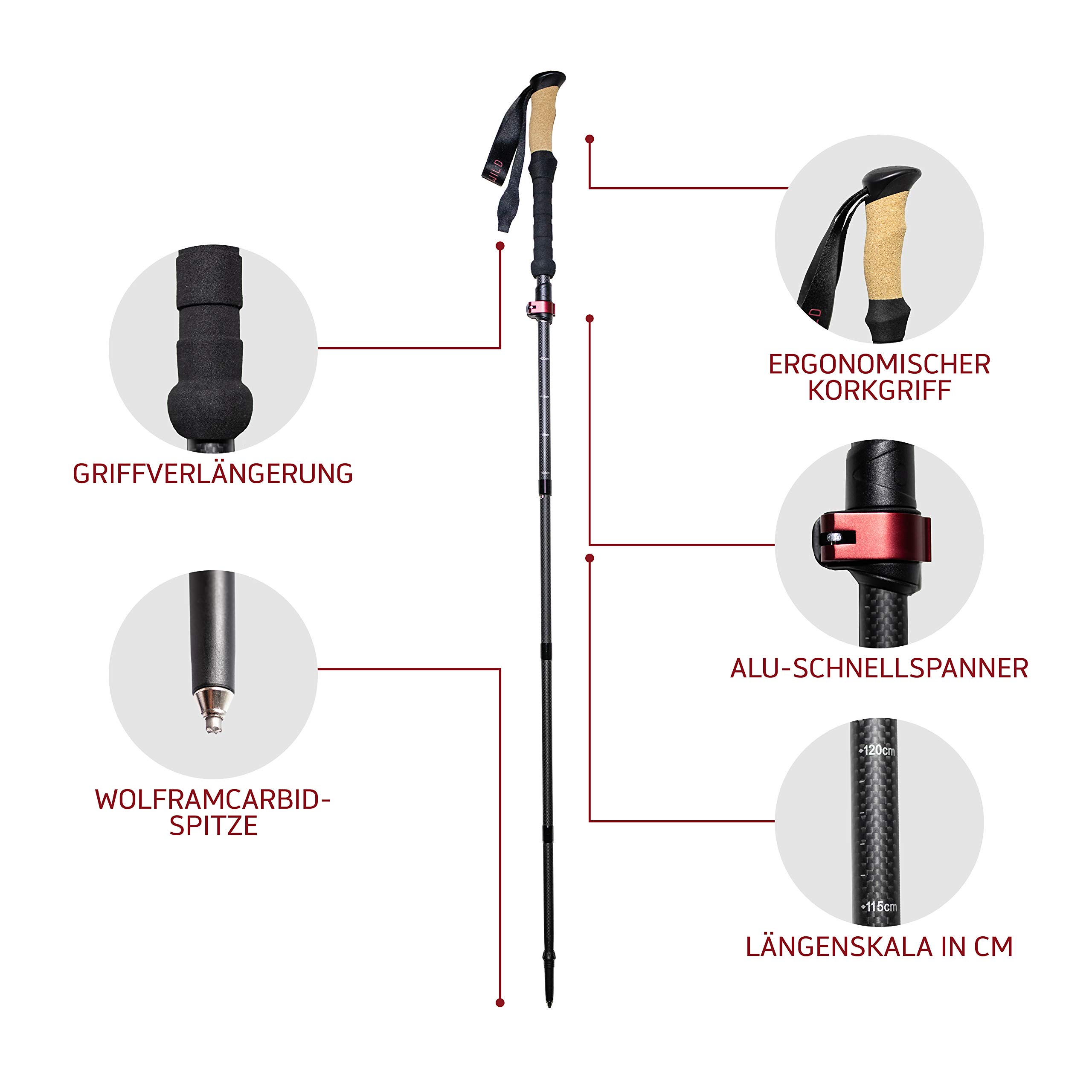 Rothwild Wanderstöcke faltbar – Carbon Trekkingstöcke Ultraleicht mit Korkgriff – Modell Platzhirsch – verstellbare Länge für Damen & Herren – inkl. Tasche