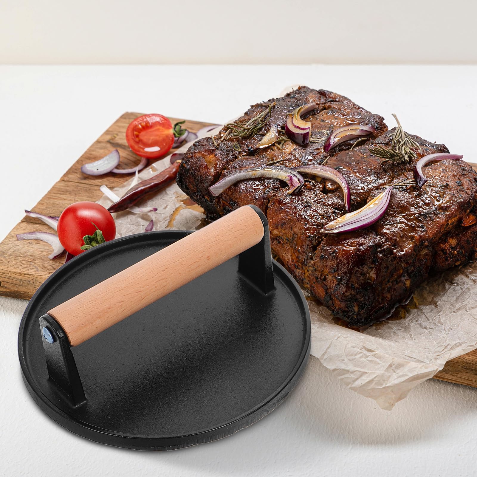 Prensa Formas Redonda y Rectangular con de Hierro Fundido para Hamburguesas Mango de Madera, 2 Piezas, Diseño sin Recubrimiento y Adecuado para Cocina Asados