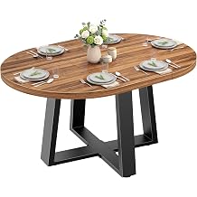 Extendable Round Dining Table Wood Circle to Oval Kitchen Table for 4 to 6 People with Black Cross Metal Legs Modern Rustic Walnut Dinner Table Space Saving Furniture