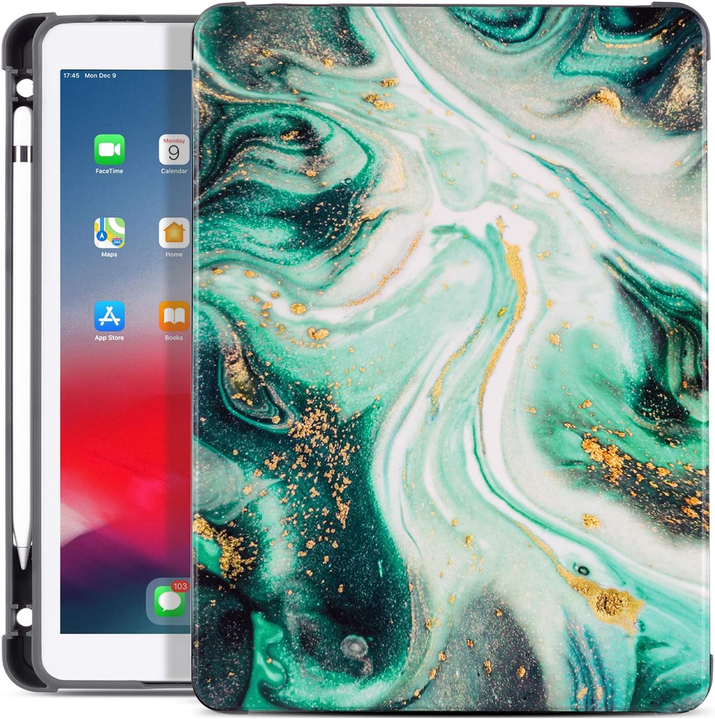 ipad 10.2 inch 2019/2020/2021 7th/8th/9th Generation Case with Pencil Holder, ipad Air/Pro 10.5 Case 2019/2017, Vimorco Premium Leather Smart Protective Folio Shell Cover, Green Marble
