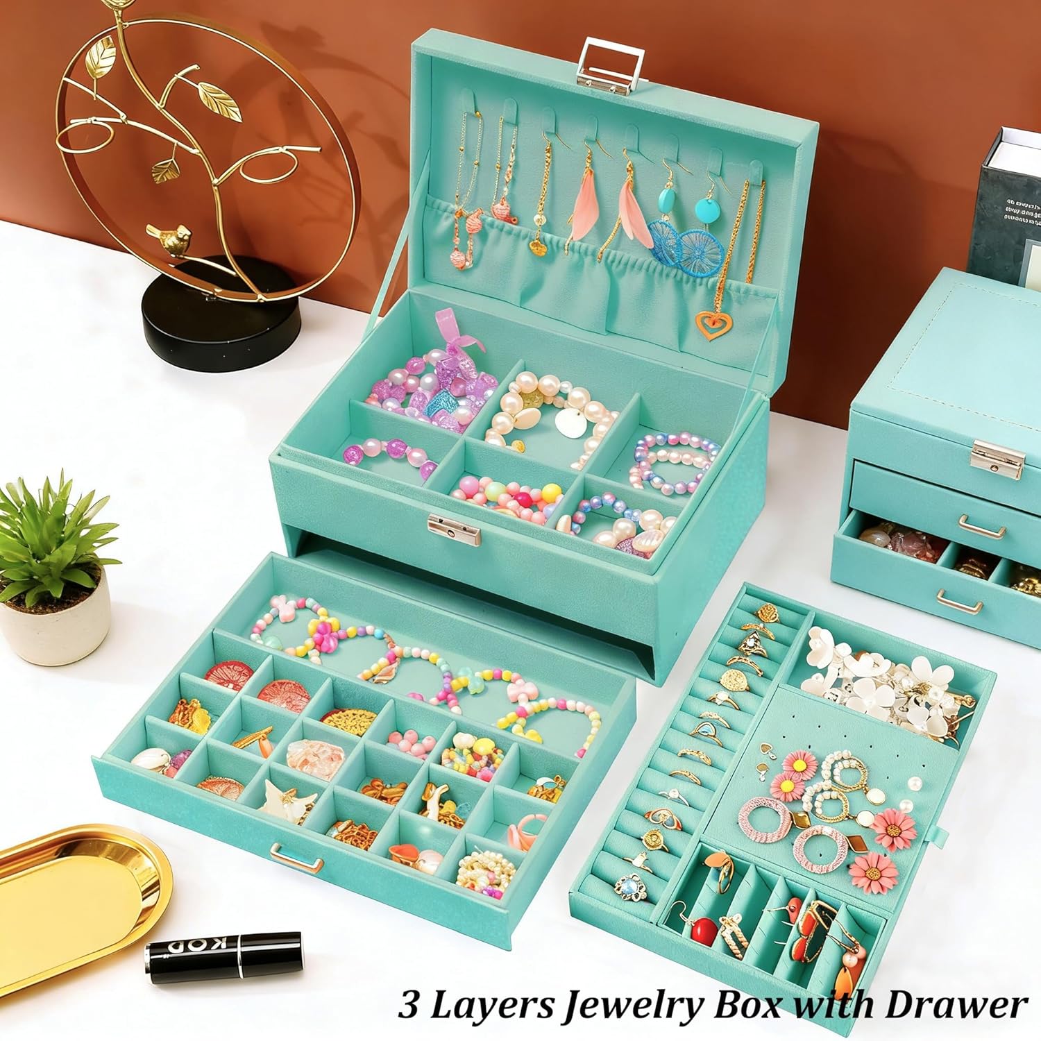 Jewelry Boxes for Women Teal Velvet Jewelry Organizer with Lock,Teen Jewelry Organizers and Storage Earring and Necklace Holder Organizer Box Womens Jewelry Box for Necklaces Earrings Rings Bracelets - Image 8