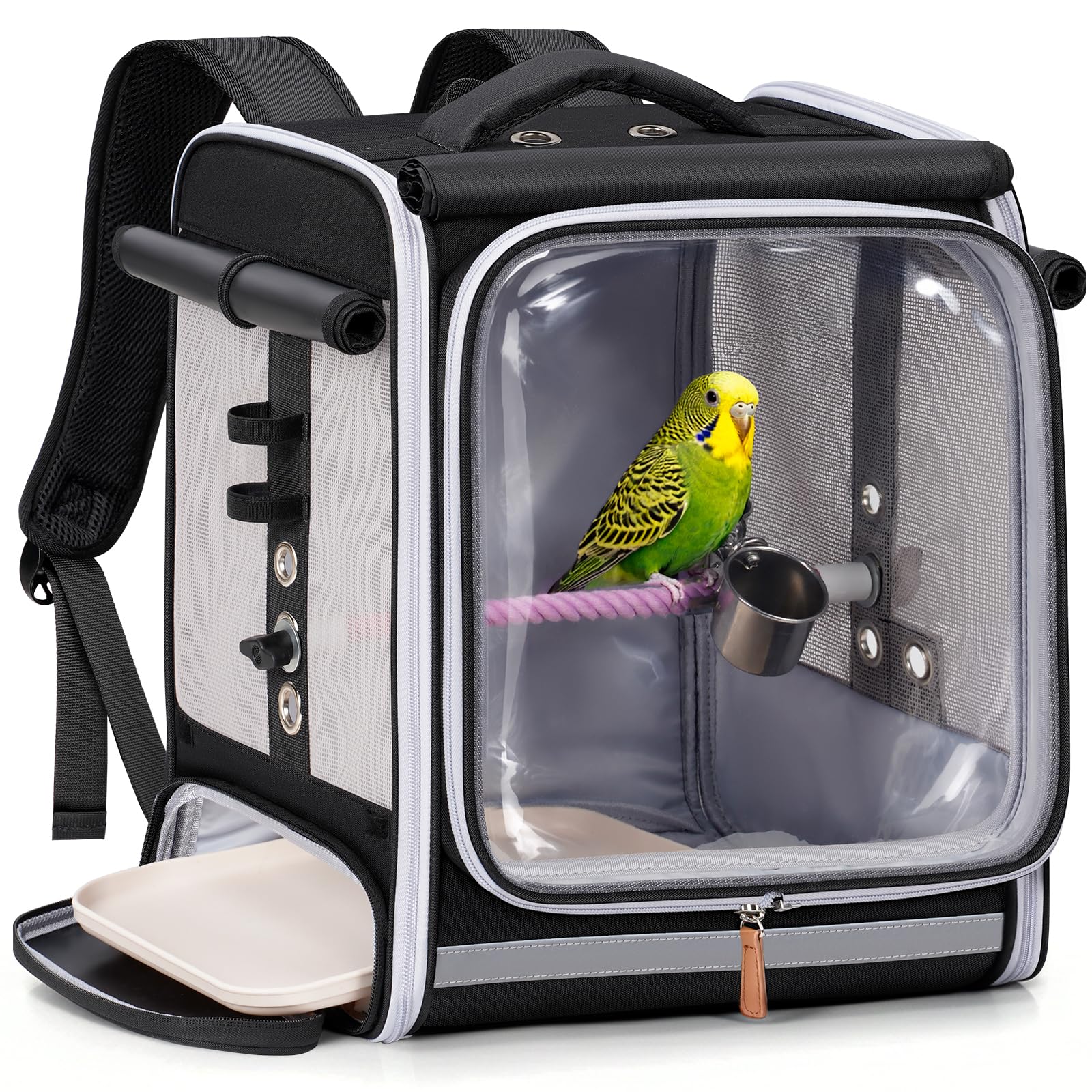 Mancro Bird Carrier Backpack for Small Birds, Cockatiel, Parrot, Bird Backpack with Tray and Standing Perch, Bird Travel Carrier Cage with Clear Window and Breathable Mesh Front for Vet Visits
