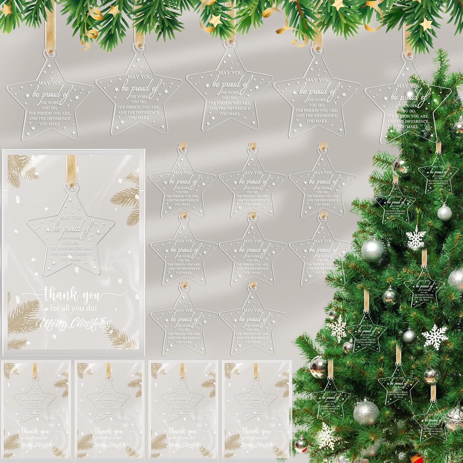 Kasyat 48 Sets Christmas Employee Appreciation Gift Acrylic Hanging Ornament Bulk Star Pendant Ornament for Christmas Tree with Thank You Card for Coworker Team Nurse Teacher Gift (Be Proud Sign) 48 Be Proud Sign