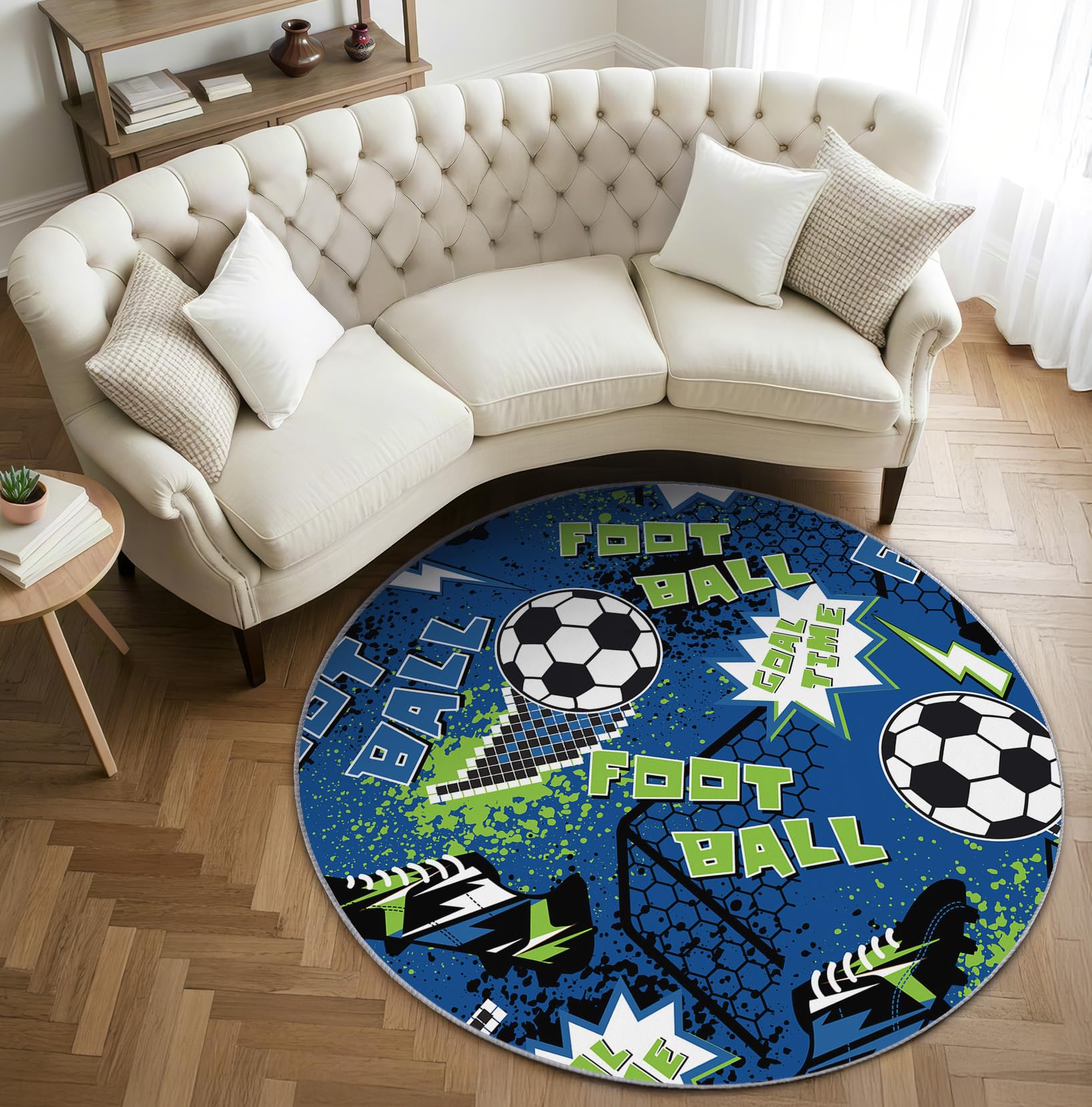 Fußball Teppich Rund 120cm Kurzflor - Waschbare Teppiche Wohnzimmer Jungen Sport - Runder Teppich 120 Durchmesser Kinderzimmer - Bettvorleger Schlafzimmer rutschfest Weich