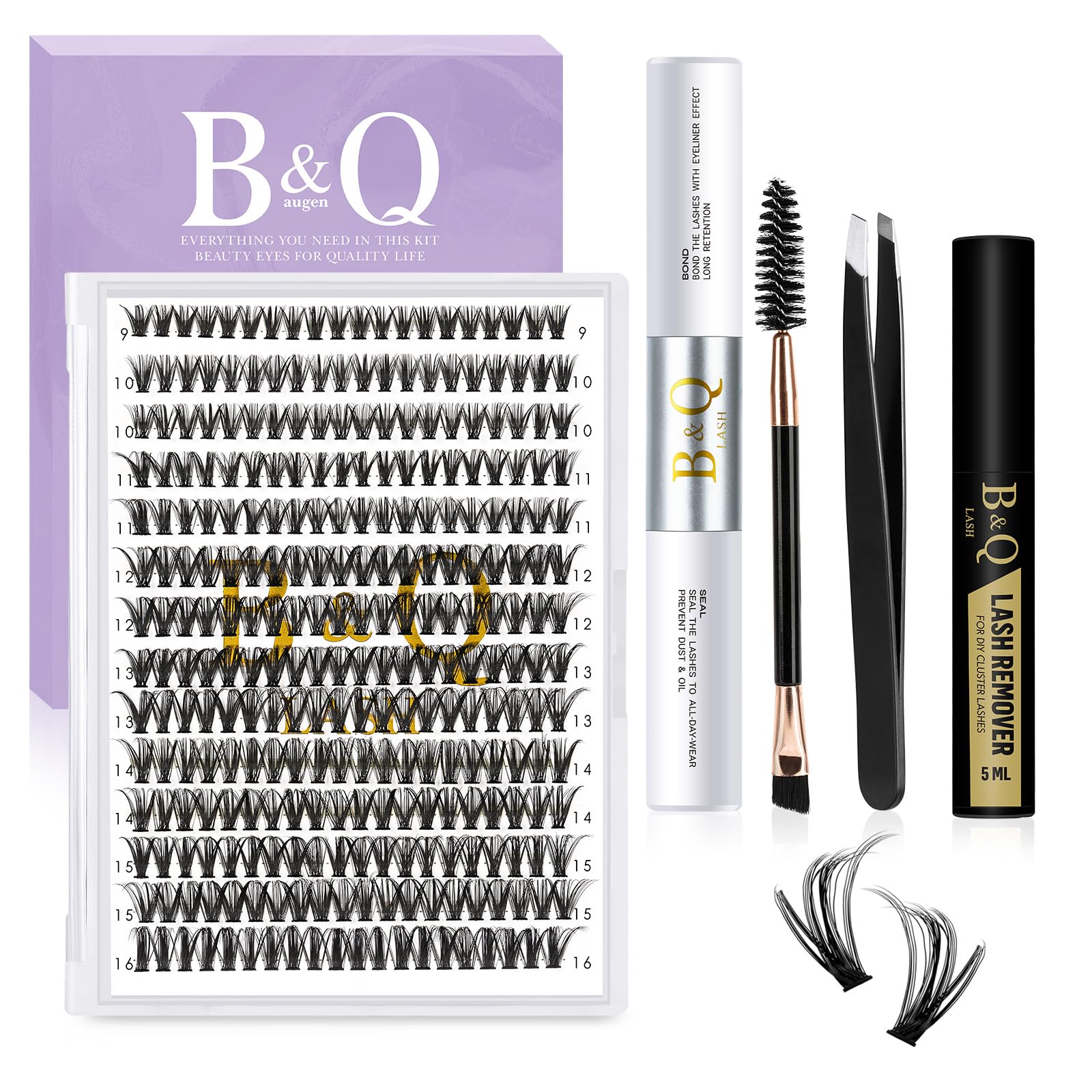 B&Q DIY Eyelash Extension Kit 280 PCS Cluster Lashes Kit D 9-16MIX Diy Lash Extensions Kit with Lash Bond and Seal Lash Remover Lash Applicators for Lash Clusters Lash Kit (Kit-40D-D Curl 9-16mm)