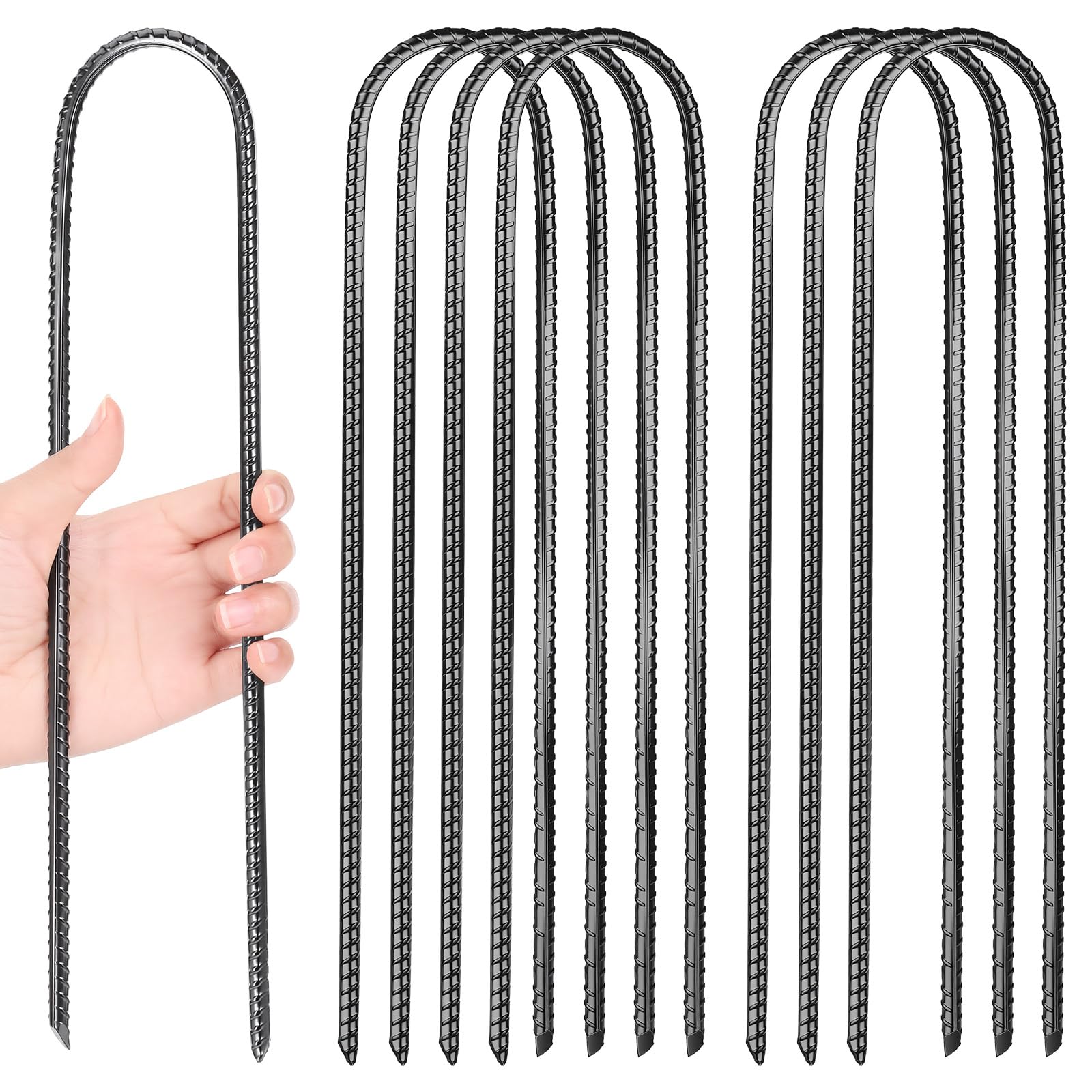 Huiguli 8 Pack 12 Inch Black Rebar Stakes, U-shaped Metal Heavy Duty Tent Pegs, Trampoline Wind Stakes, Anti Rust Ground Anchor, Ground Pegs Suitable for Camping Tents, Soccer Goals, and Fence