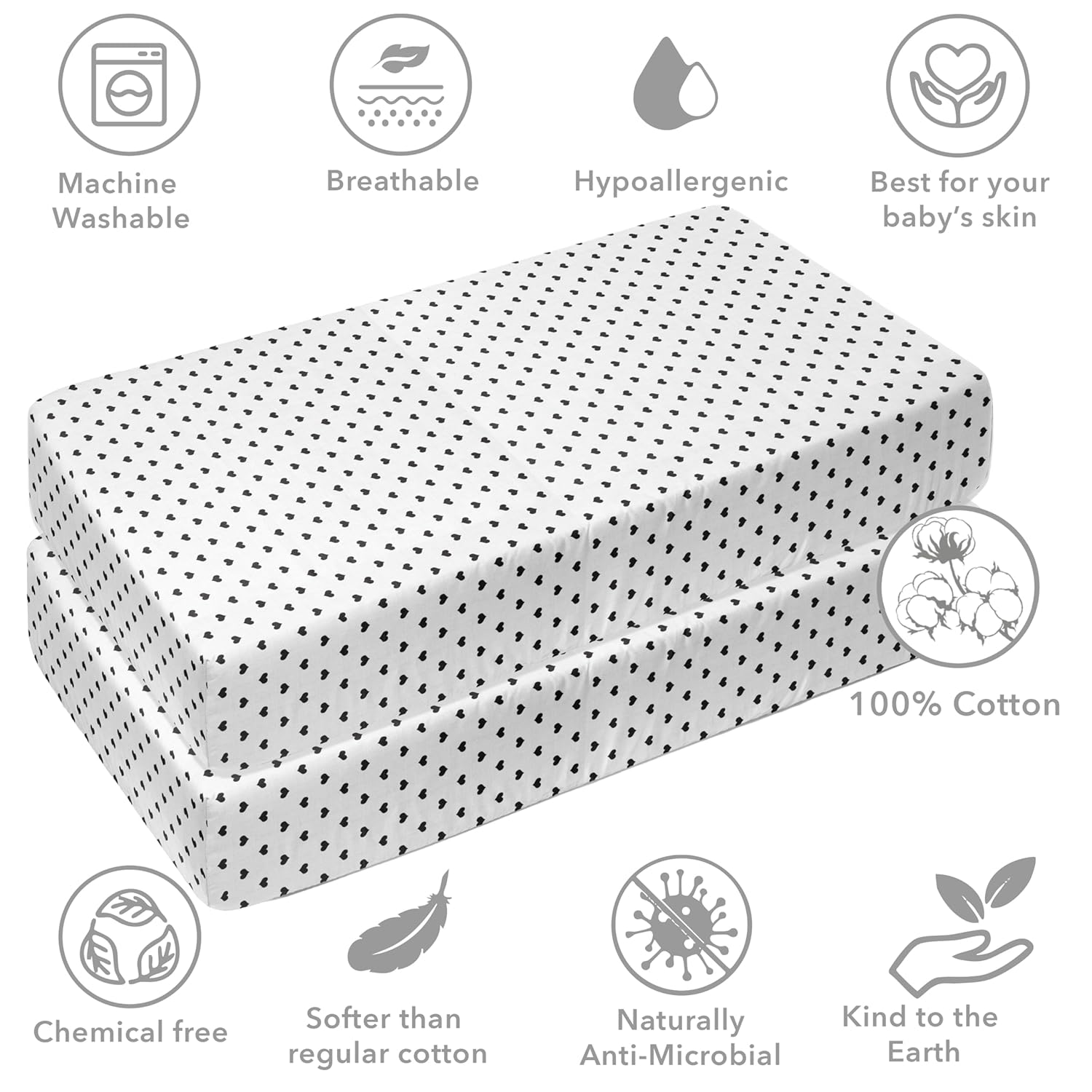 Bacati - 2 Pack Love/Aztec/Arrows/Hearts Silky Soft Breathable 100% Cotton Muslin Baby Crib Fitted Sheets - Fits Standard 28 x 52 x 5 Crib & Toddler Mattresses (Hearts Black)