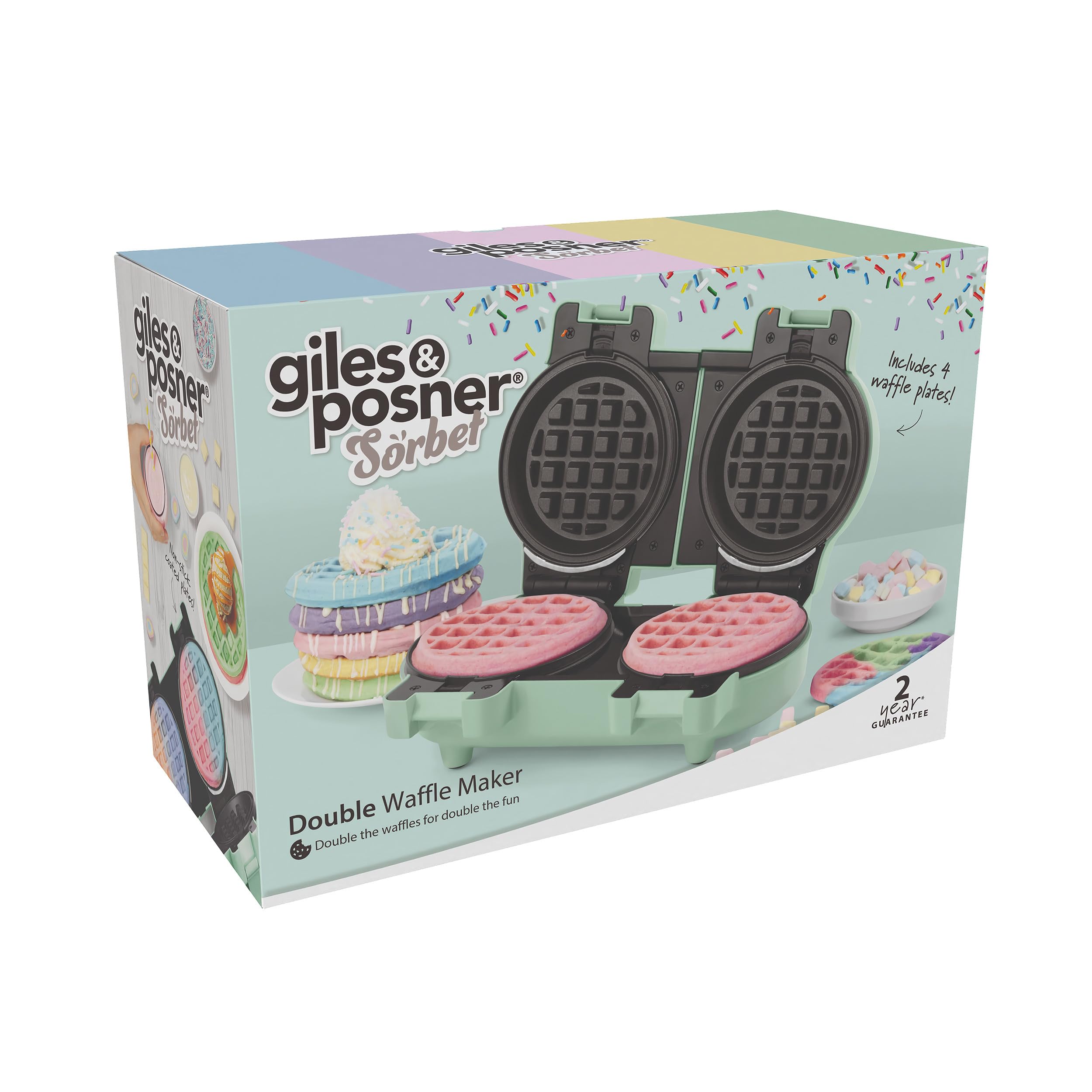 GILES & POSNER Double Mini Waffle Maker – Macchina per waffle antiaderente, snack dolci/salati, compatta, piastre rimovibili da 11,5 cm, waffle stile americano, verde pastello, 1100 W