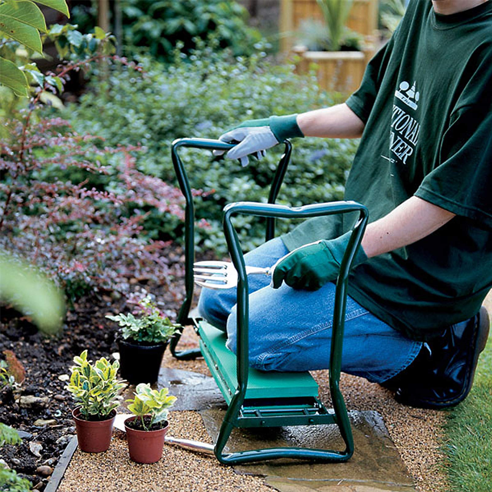 UISEBRT Banc de jardin pliable avec sac à outils pour le jardin et coussin en mousse EVA Jusqu'à 150 kg