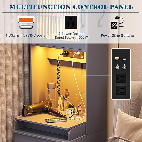 Miniatura 5 de Escritorio de tocador con espejo abatible y luces, tocador de maquillaje con estación de carga, juego de tocador LED con cajonestabureteorganizador