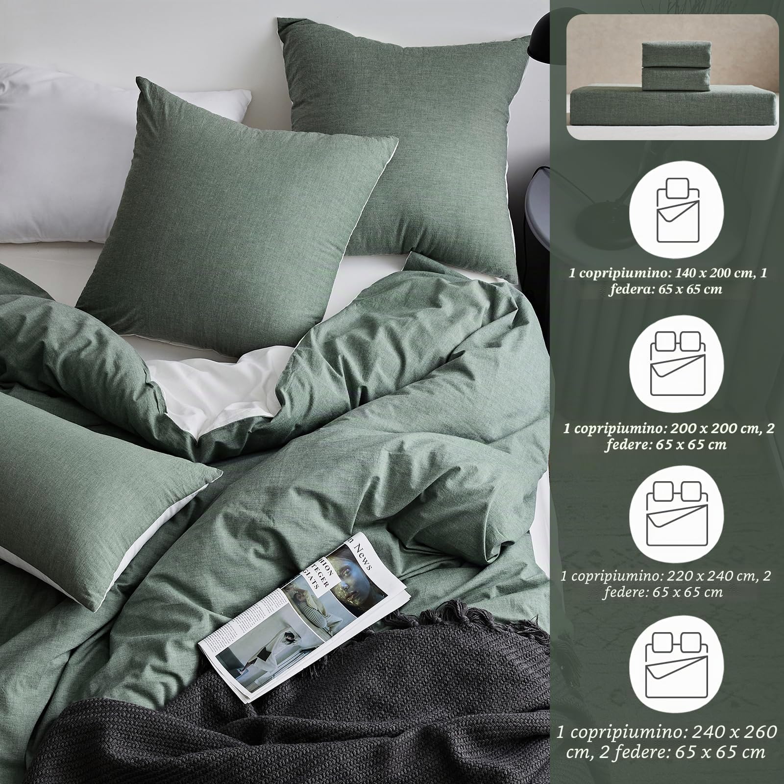 MILDLY Copripiumino, 240 x 260 cm, cotone, lavato, biancheria da letto, Öko-TEX, verde salvia, biancheria da letto 240 x 260 cm, cotone con cerniera con 2 federe, 65 x 65 cm