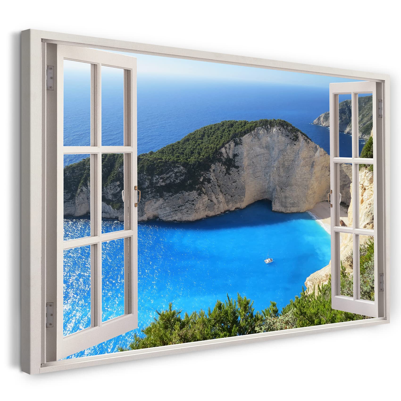 Print on Canvas (100x70 cm) view from the window - bay, cliffs, sea, beach holiday, nature photography, real wood frame with hook