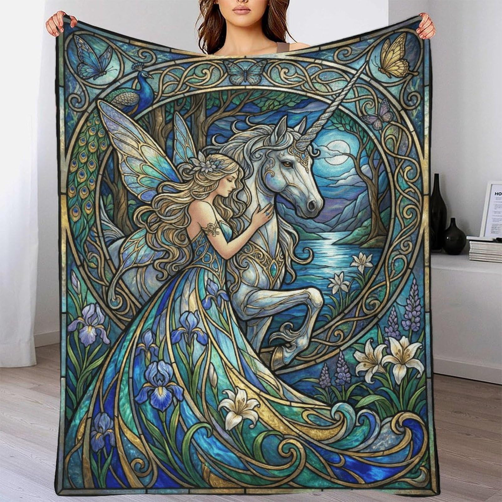 W7C8U2X3 Art Nouveau Mucha Unicorn Soft Throw Blanket, Bedroom Sofa Couch