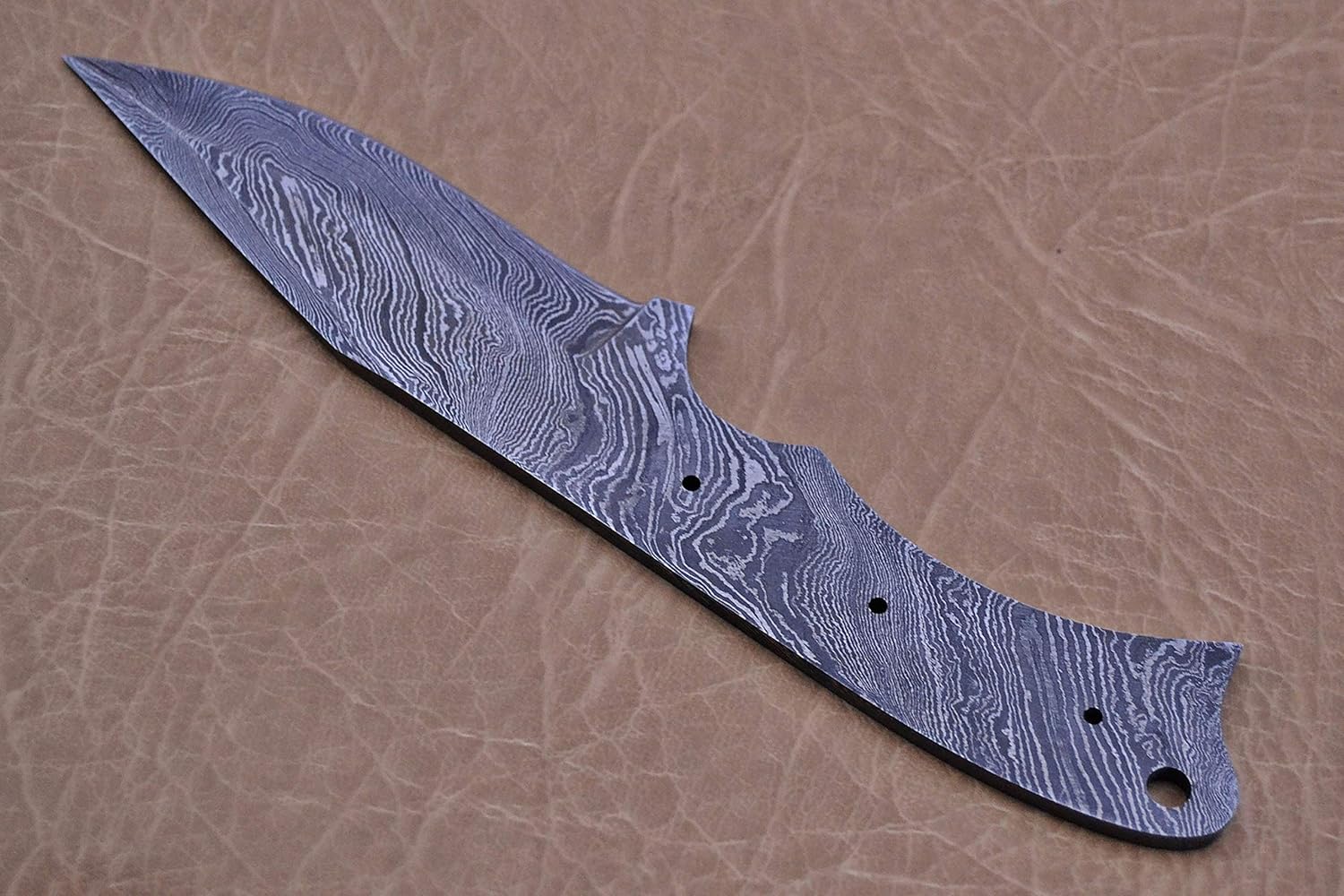 Knife Making, Damascus Steel Blank Blade 8.25 inches Long Hand Forged Skinning Knife with 3 Pin Hole & an Inserting Hole Space 4 inches Cutting Edge