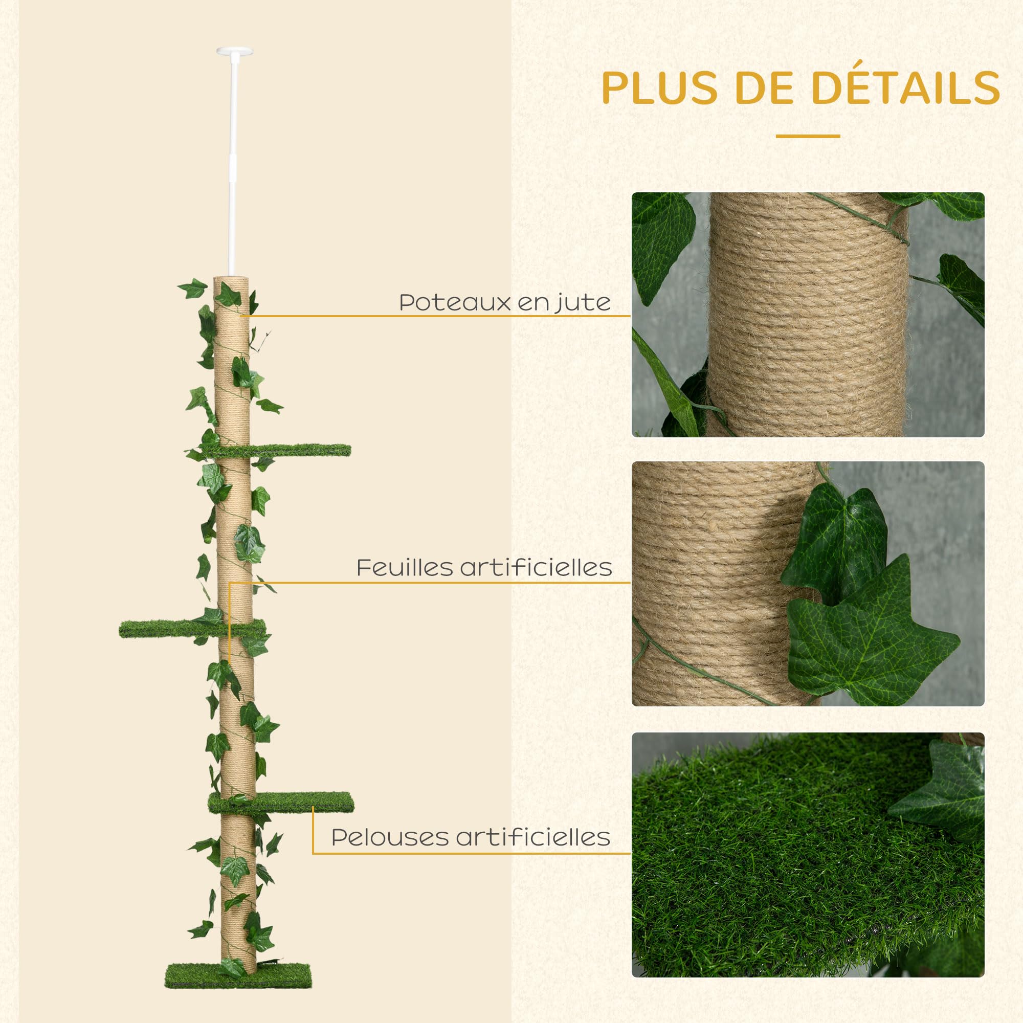 PawHut Arbre à Chat Poteau à griffer Fixation Plafond Hauteur réglable 37 x 21 x 202-242 cm 4 Niveaux - Gazon et Feuilles artificiels Vert